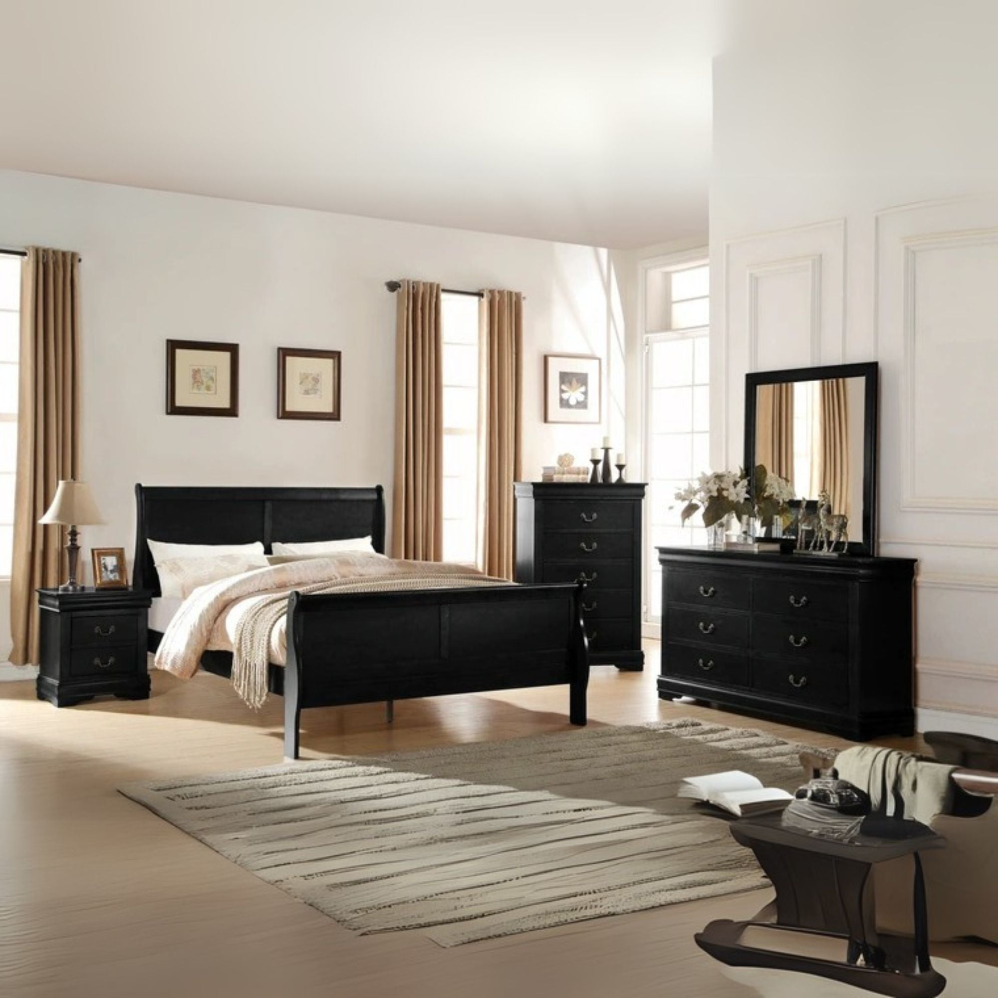 Verde Louis Philippe EK Brown Wood Bed – Traditional Sleigh Style with High Headboard