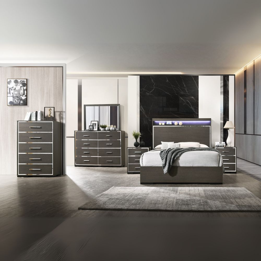 Vino Escher Eastern King Gray Oak Wood Bed – Contemporary Panel Design with LED Headboard