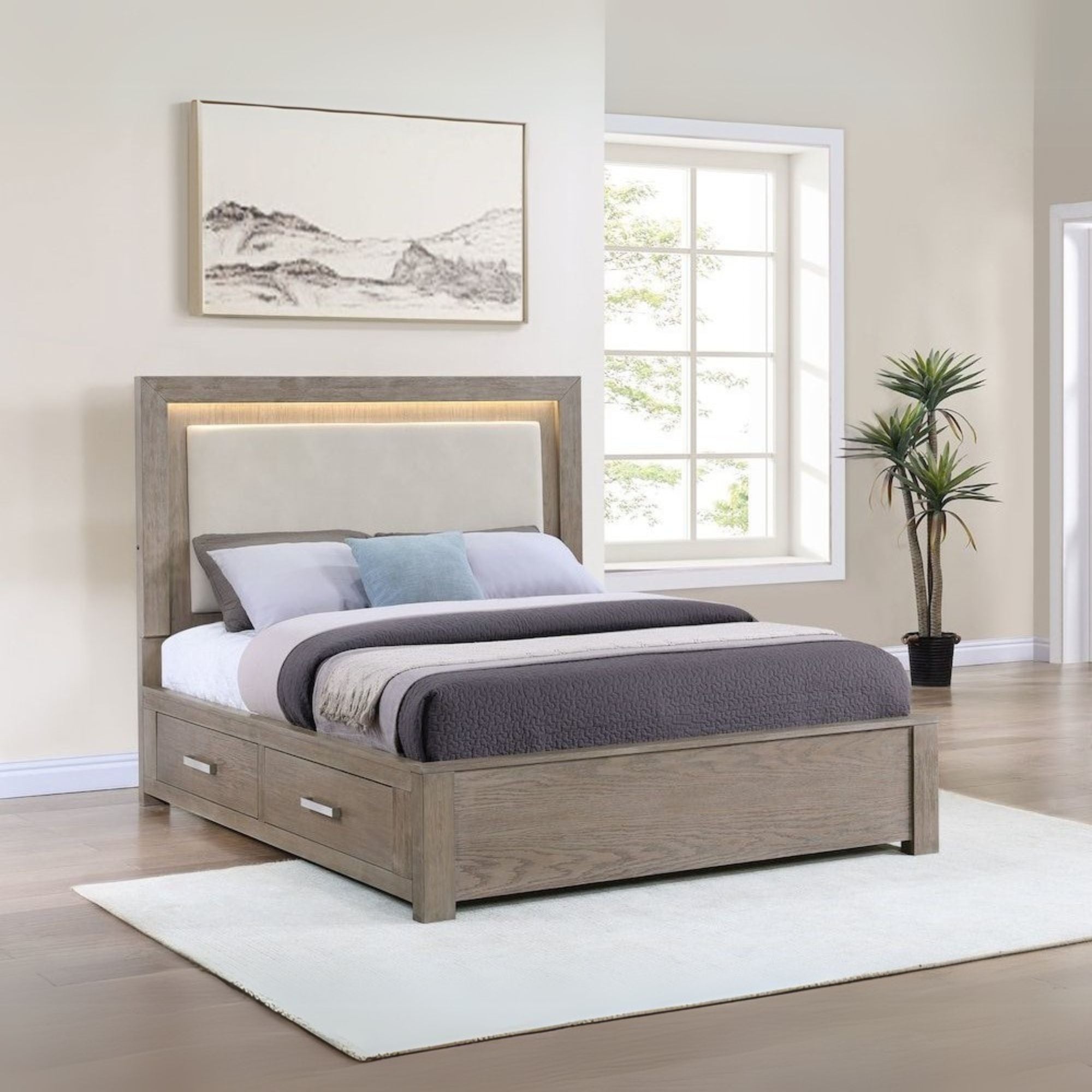 Maxium Kenora Eastern King Barley Brown Wood Storage Bed – Modern LED Upholstered Headboard with 4 Drawers