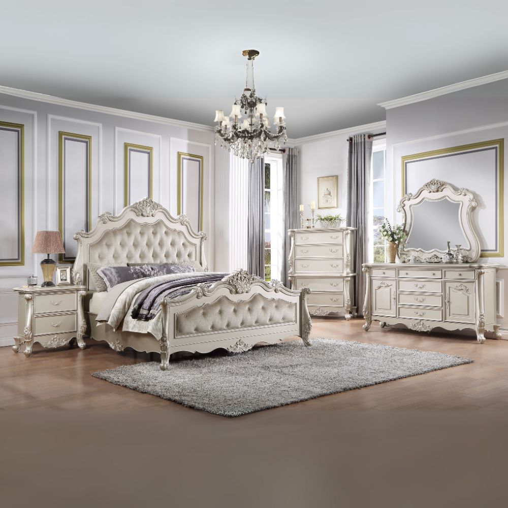 Shiva Bently Queen Bed Champagne Finish – Upholstered Panel Bed with Crystal Accents
