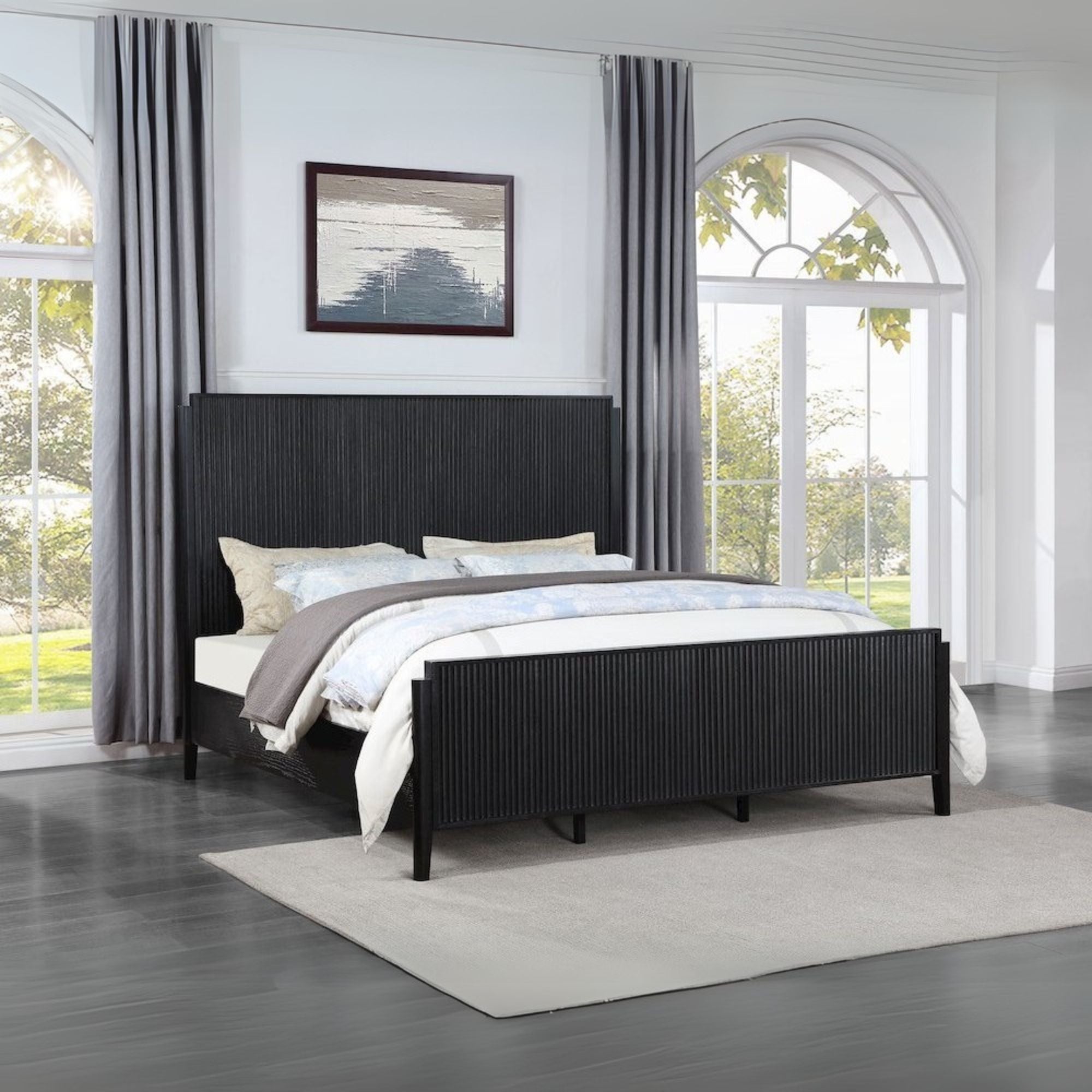 Dasa Brookmead Modern Queen Panel Bed Black – Wire-Brushed Wood Frame with Slats Included