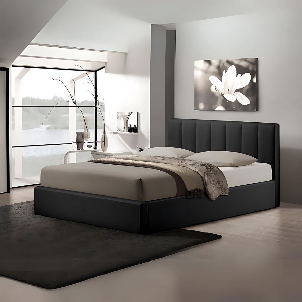 Templemore Black Leather Contemporary Queen-Size Bed