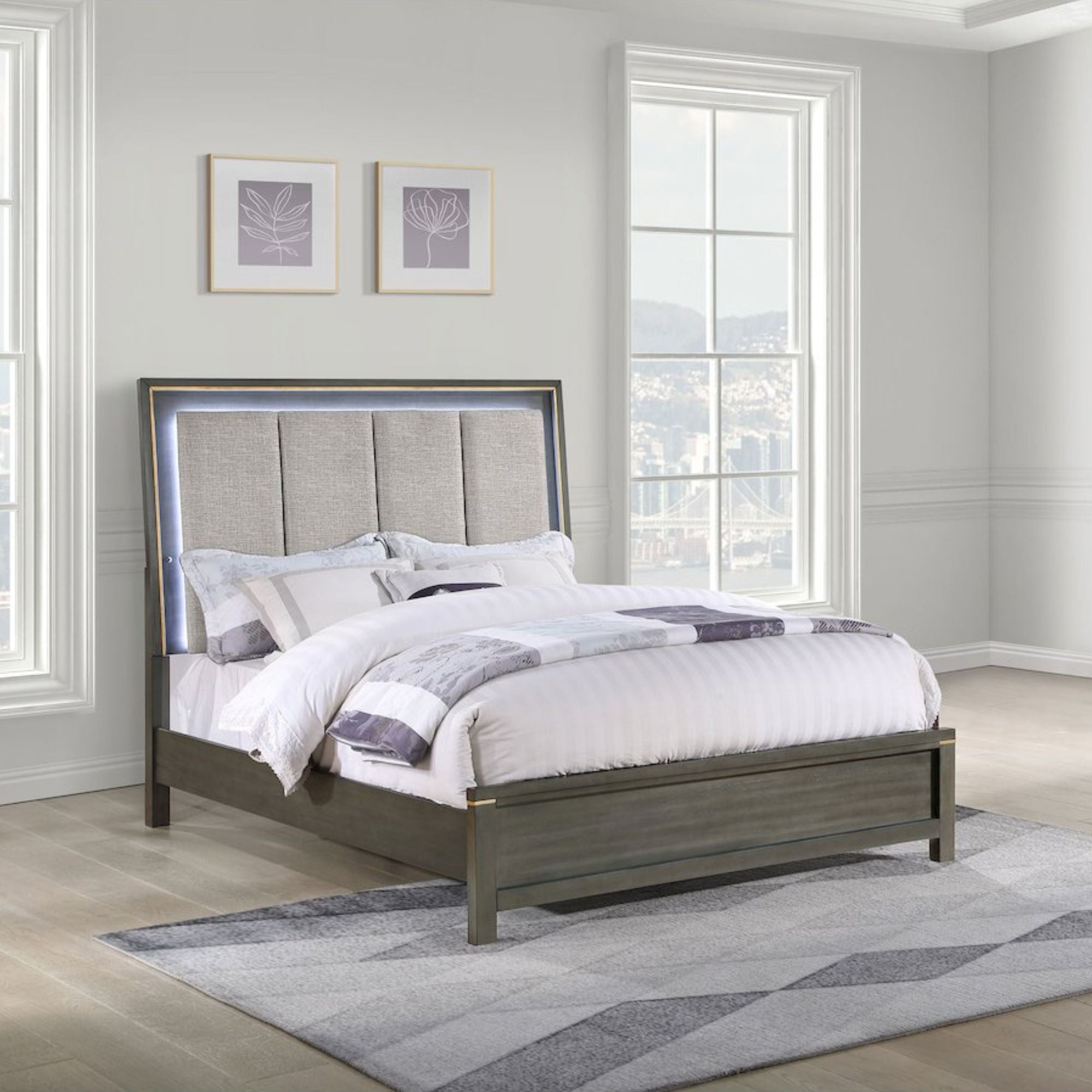 Antoniyo Kieran Queen Gray Wood LED Panel Bed – Modern Upholstered Headboard with Brass Accents