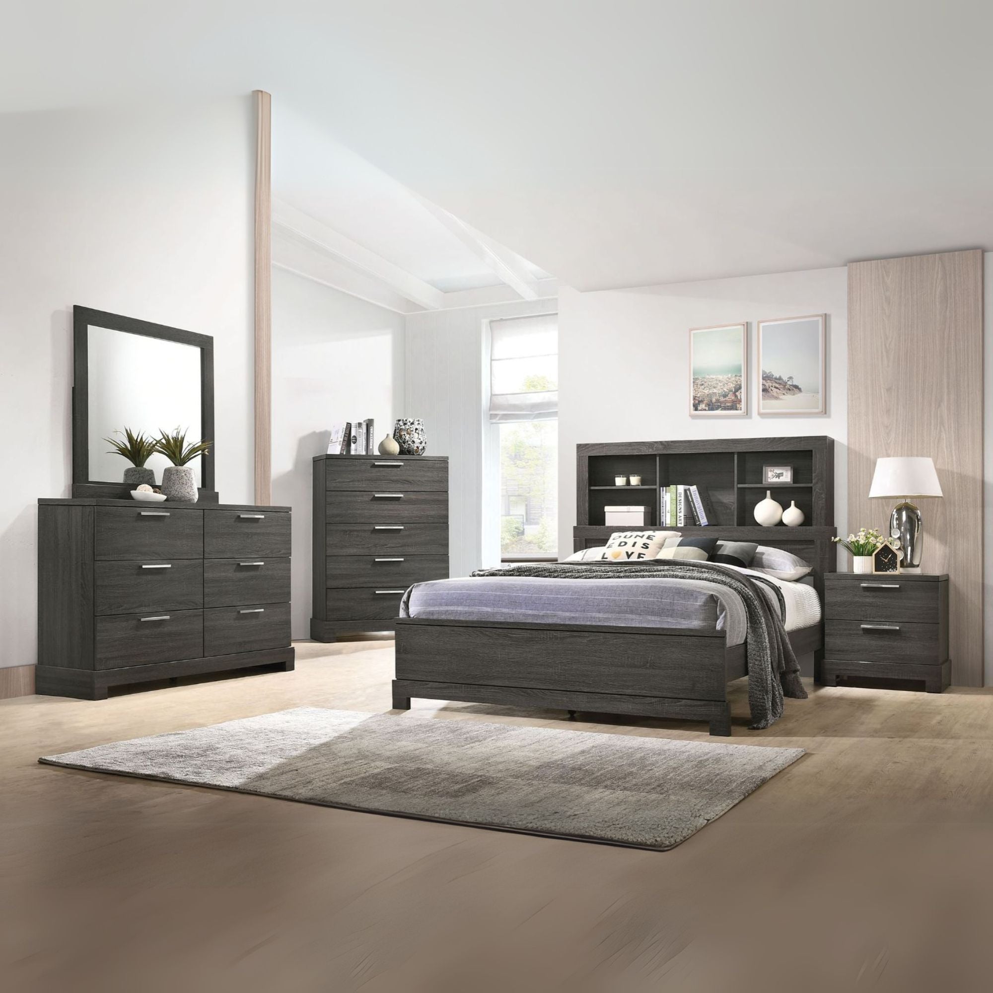 Amma Lantha Queen Gray Oak Wood Platform Bed – Modern Storage Headboard with Open Compartments
