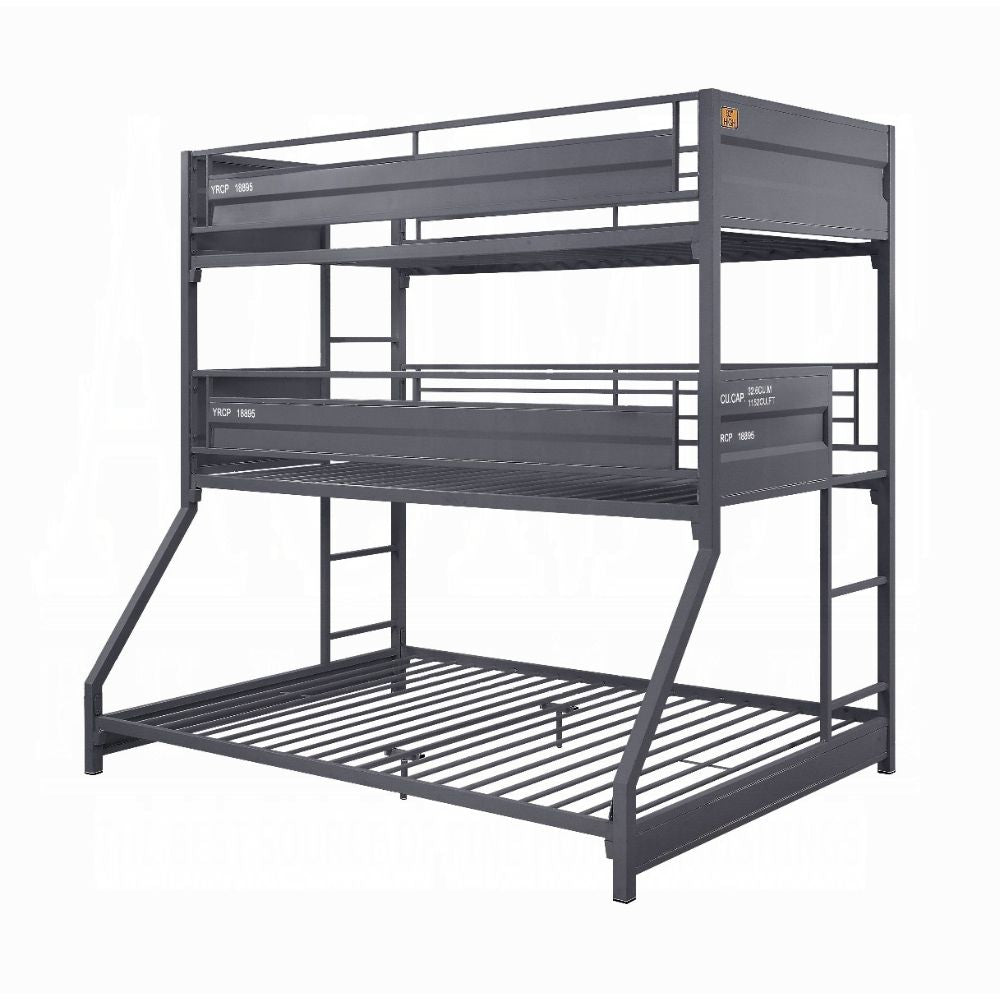 Presley Cargo Twin/Twin/Full Gunmetal Metal Bunk Bed – Industrial Triple Bunk with Ladder