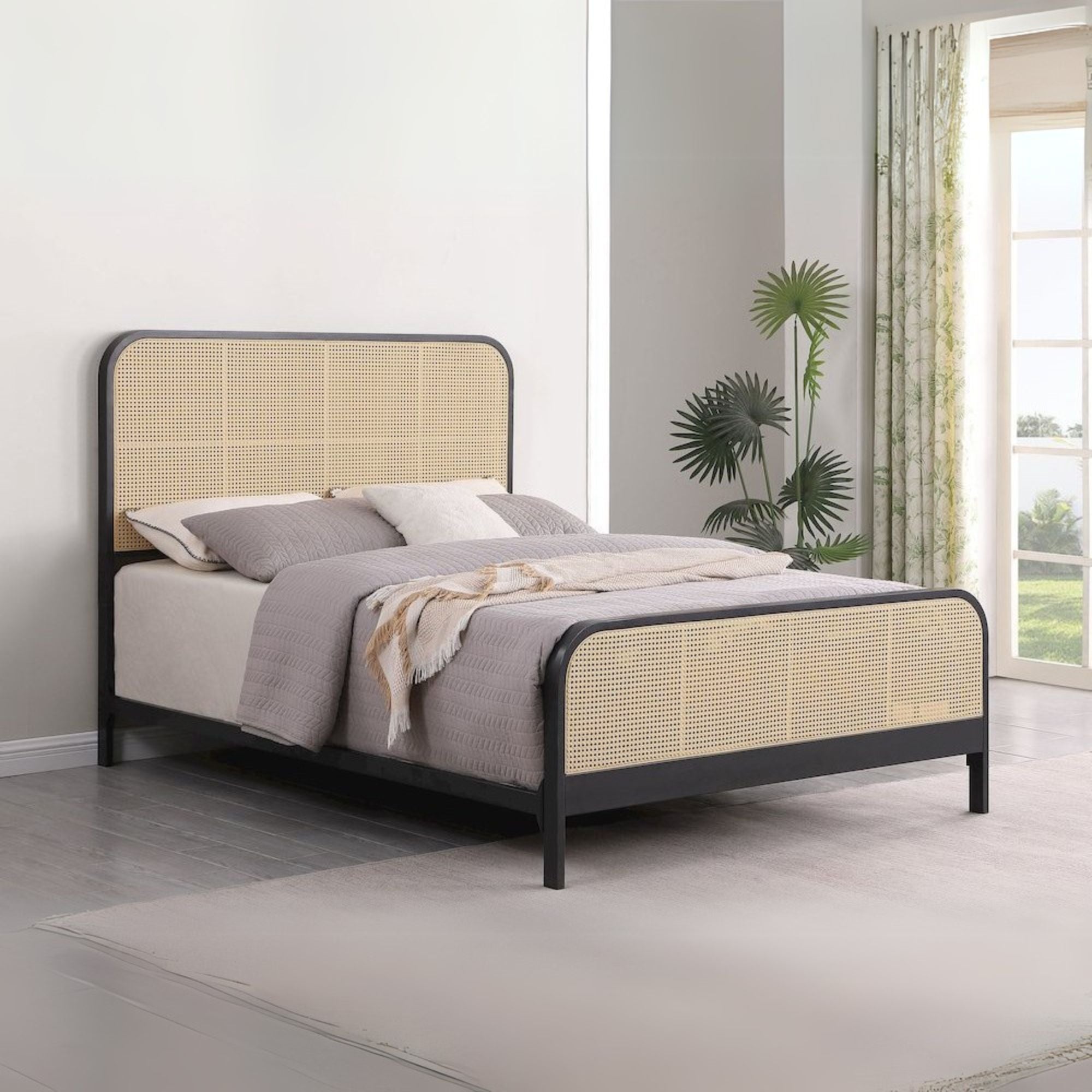 Nocturne Lanewood Queen Black Metal Bed with Cane Webbing – Modern Style