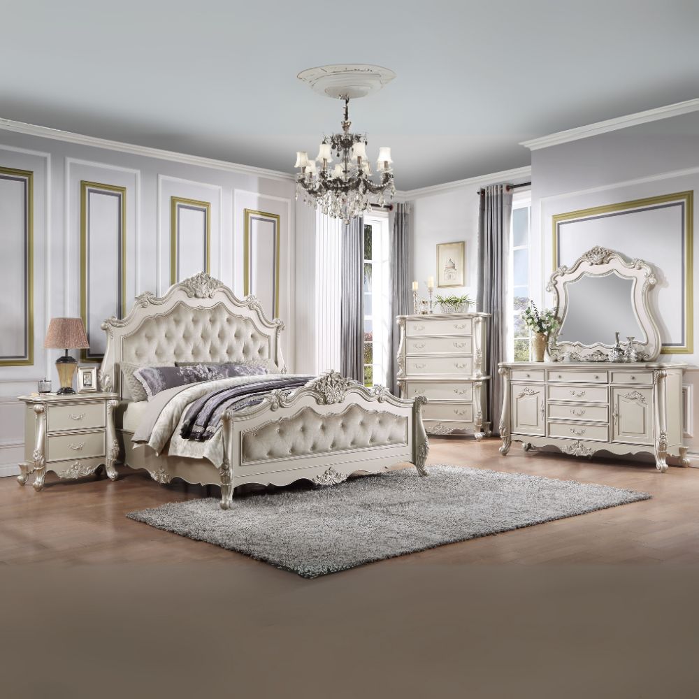 Shaye Bently Eastern King Champagne Wood Traditional Bed – Button Tufted Luxury Frame