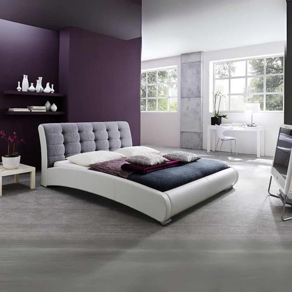 Guerin Two Tone Queen Size Platform Bed White Faux Leather/Grey Fabric