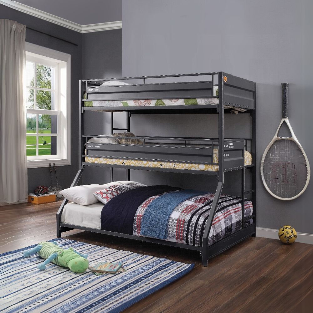 Presley Cargo Twin/Twin/Full Gunmetal Metal Bunk Bed – Industrial Triple Bunk with Ladder