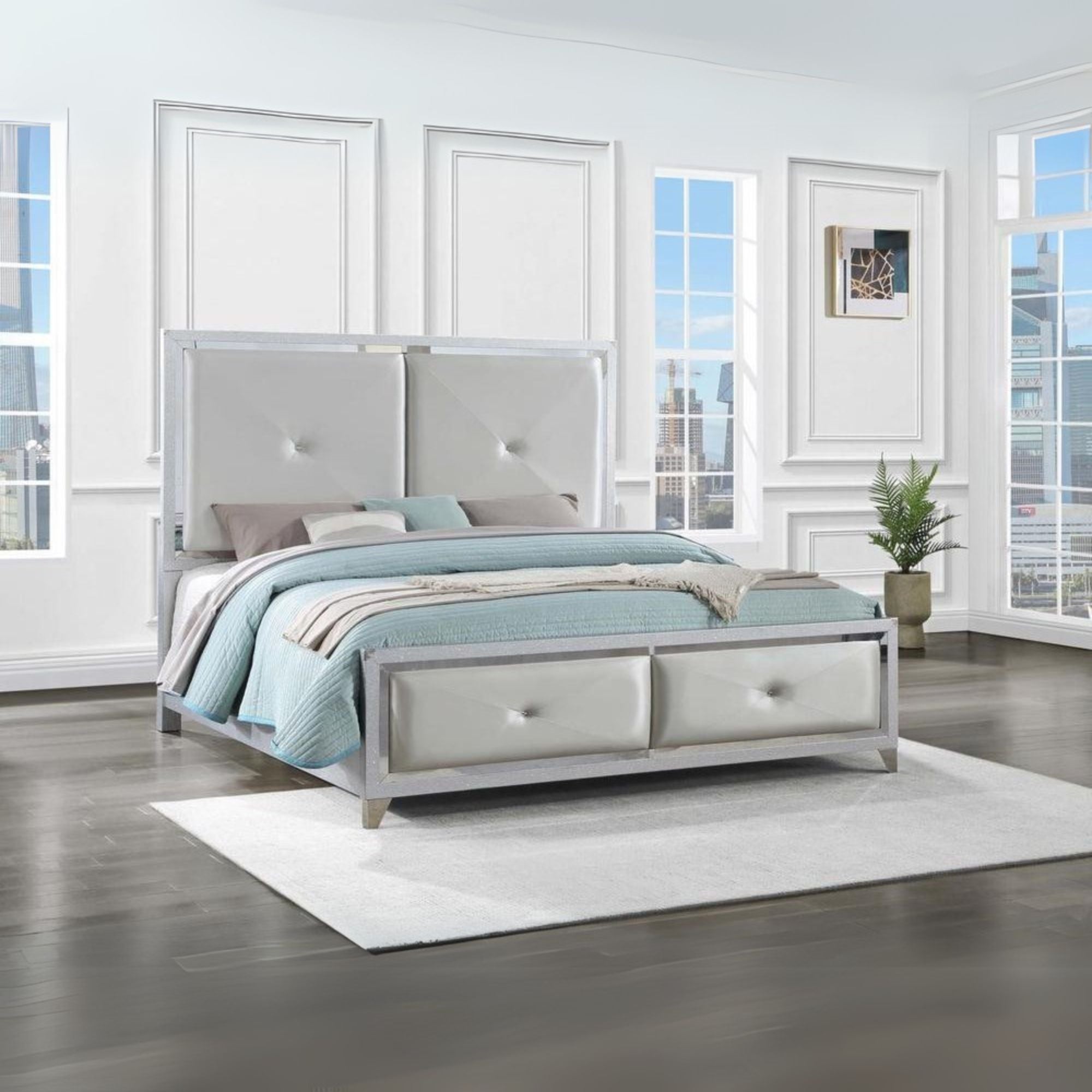 Geoffrey Larue Collection Eastern King Silver Tufted Panel Bed – Luxury Upholstered Bed Frame with Crystal Details