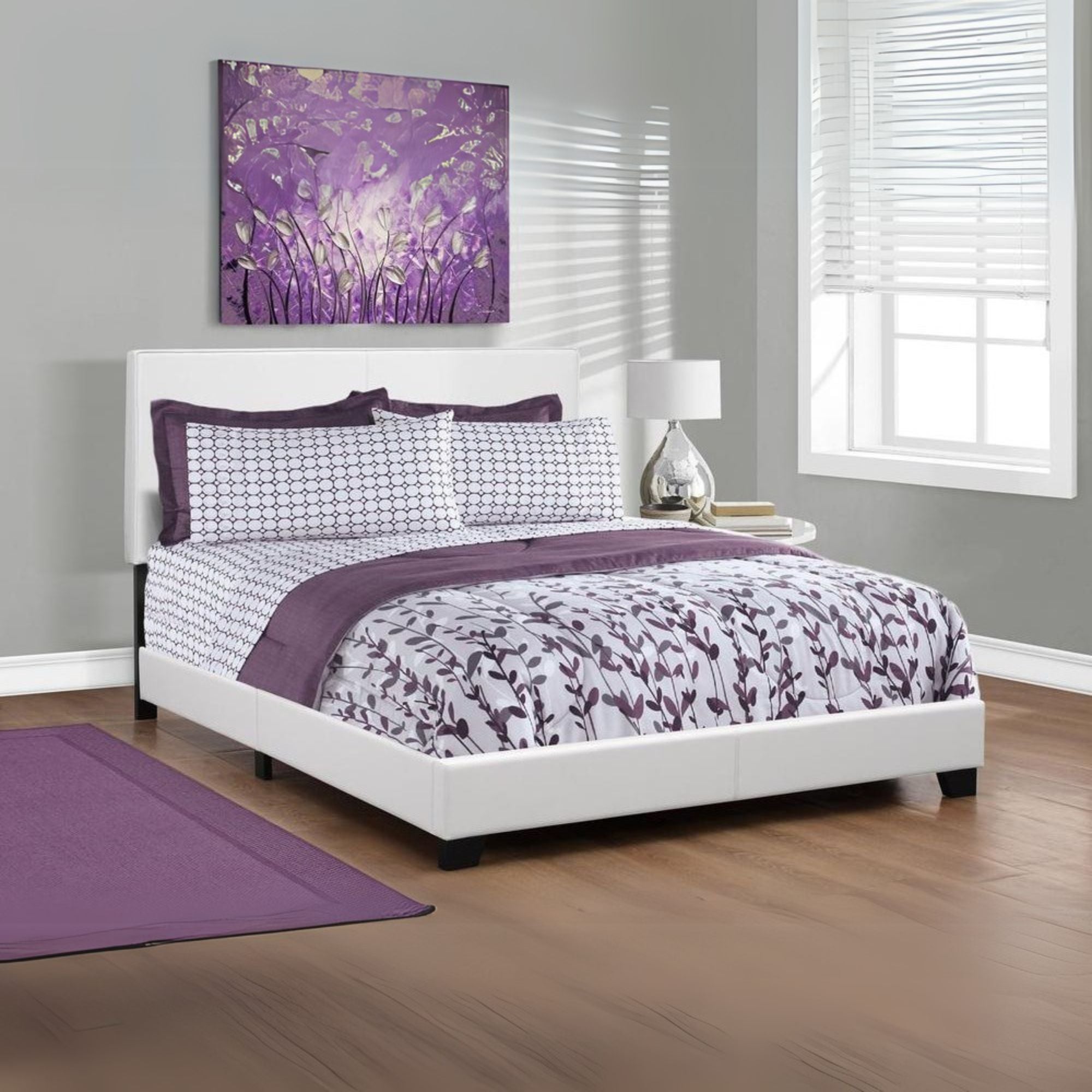 Alder Aurora Collection Queen White Leather-Look Upholstered Bed – Transitional Chrome Accents