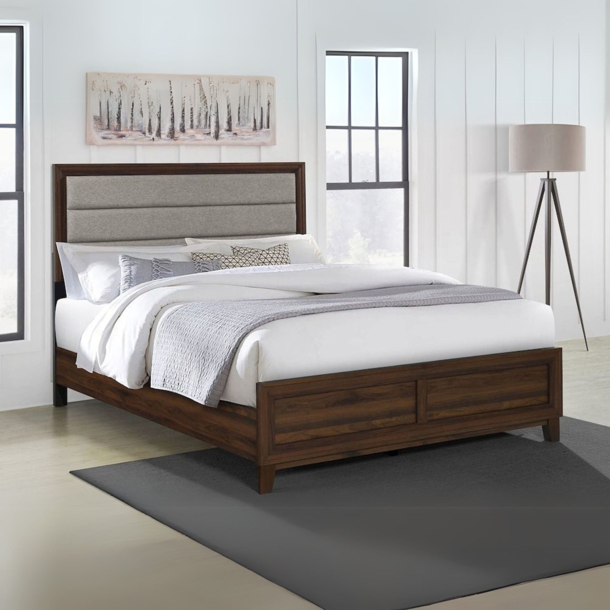 Ashitosh Welsley Queen Walnut Wood Upholstered Panel Bed – Modern Taupe Headboard 50-Inch