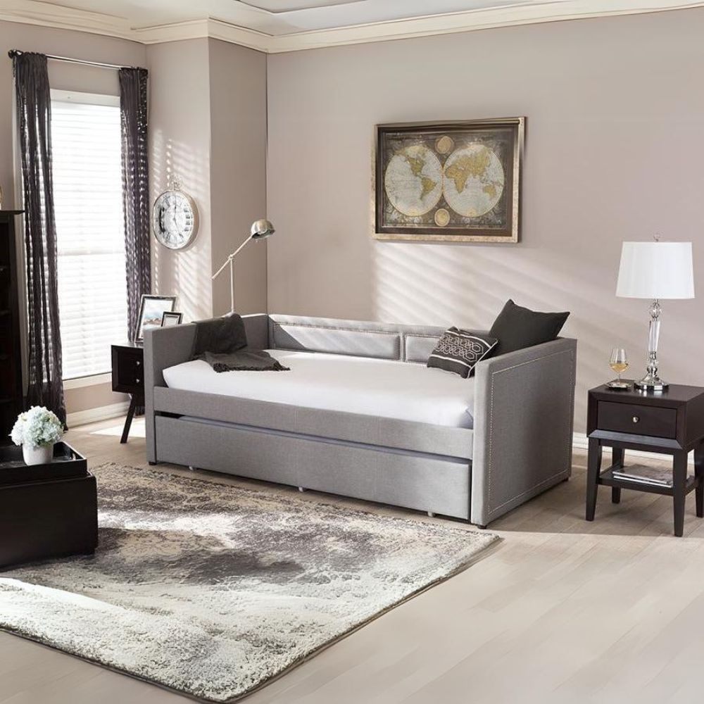 Raymond Twin Daybed Grey Fabric Nail Heads Trimmed with Trundle