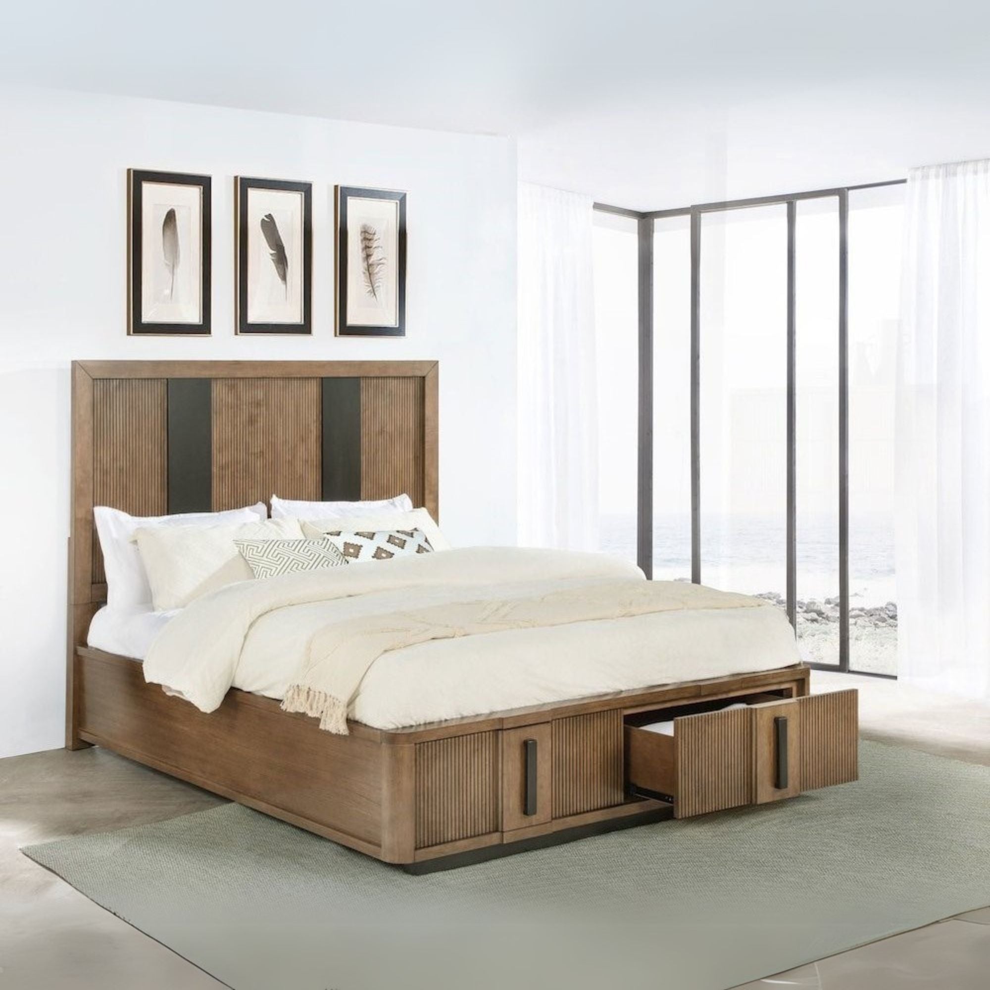 Metro Terrace 2-Drawer Eastern King Storage Bed Ash Brown – Modern Wood Platform with Vertical Fluting