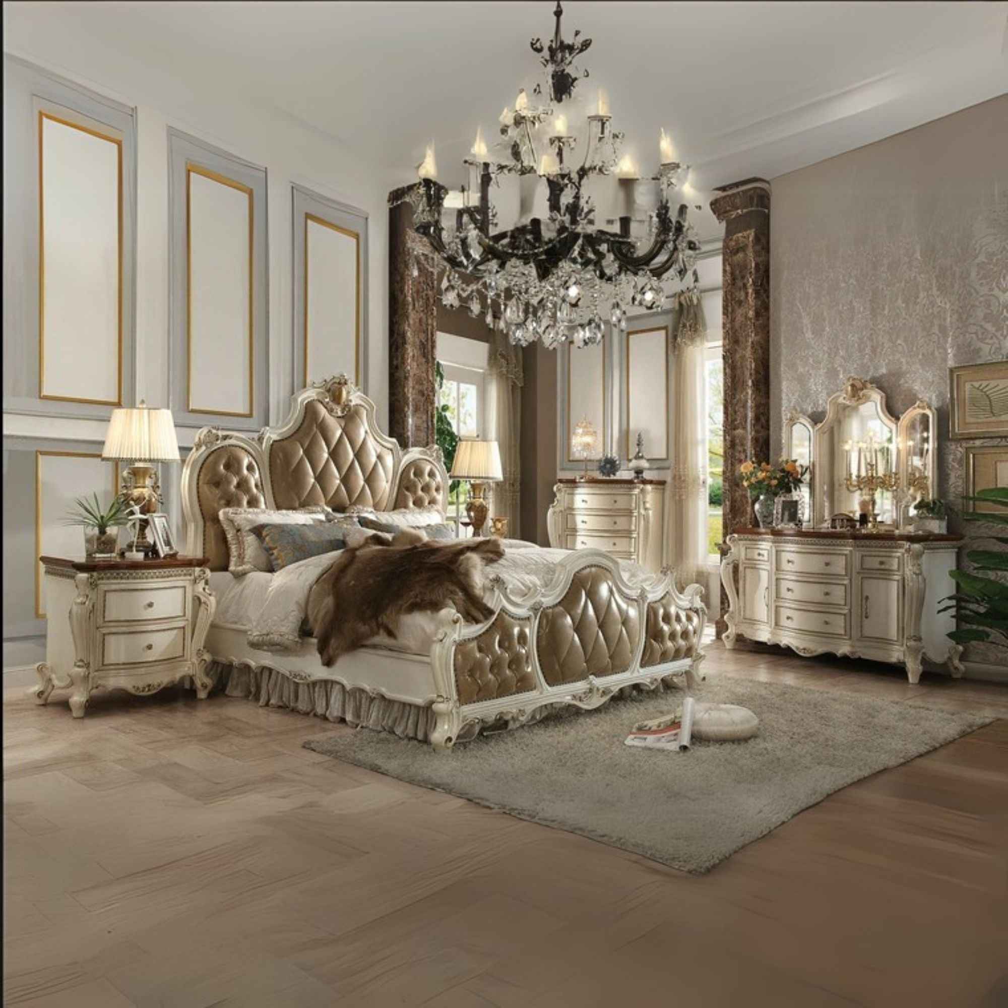Awaken Picardy King Bed Butterscotch Faux Leather – Antique Pearl Finish & Tufted Headboard