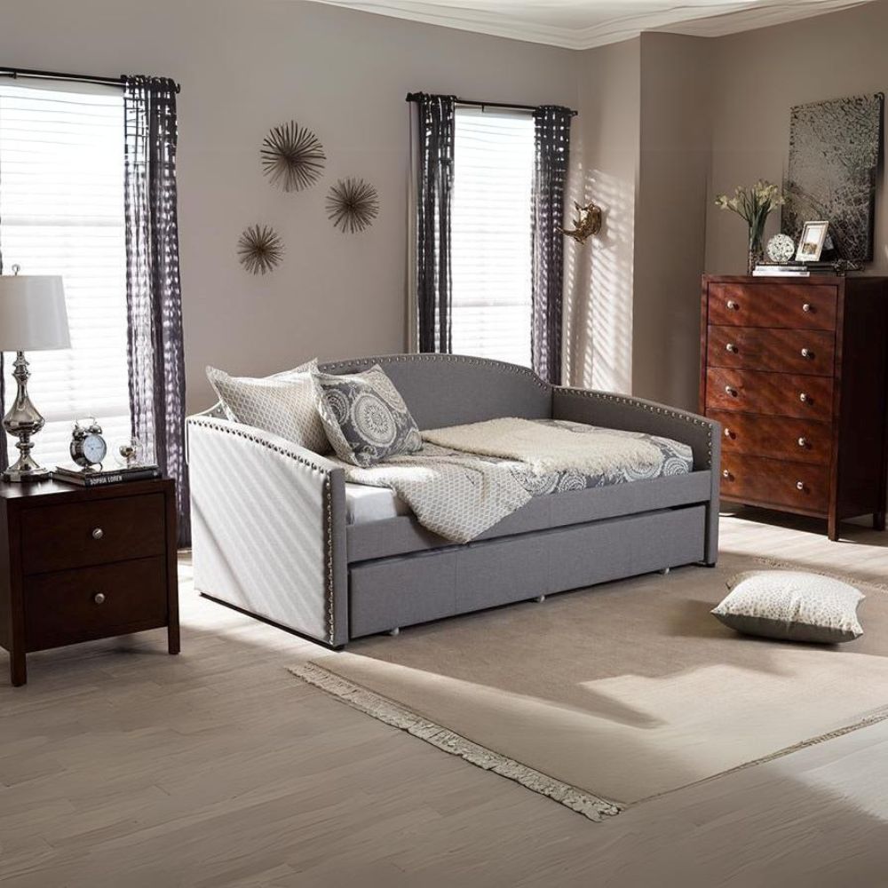 Lanny Twin Daybed Grey Fabric Nail Heads Trimmed with Trundle