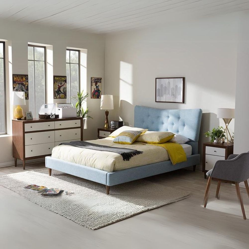 Hannah Mid-Century Modern Beige Linen Queen Size Platform Bed