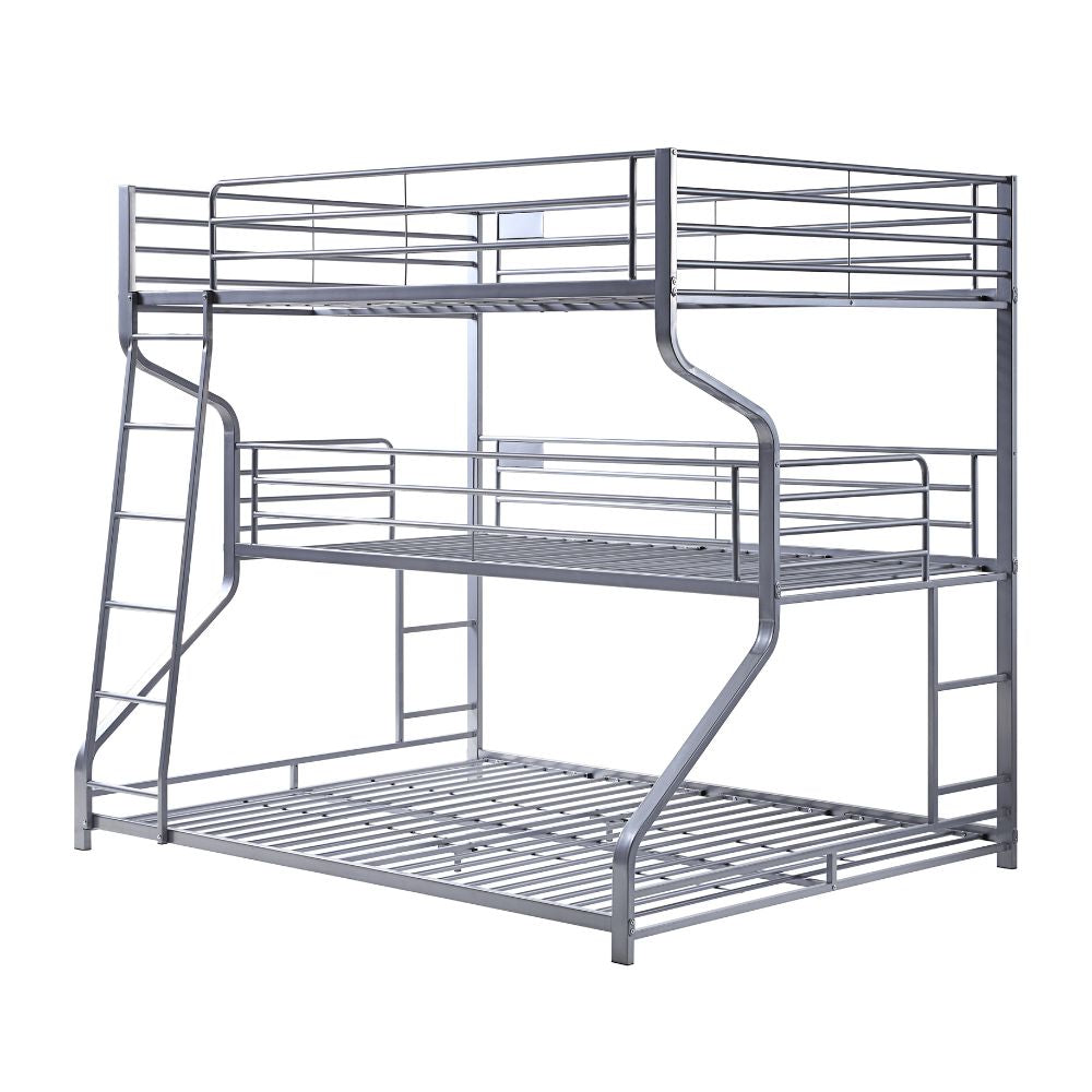 Caius II Full/Twin/Queen Silver Metal Bunk Bed – Triple-Layer Industrial Frame