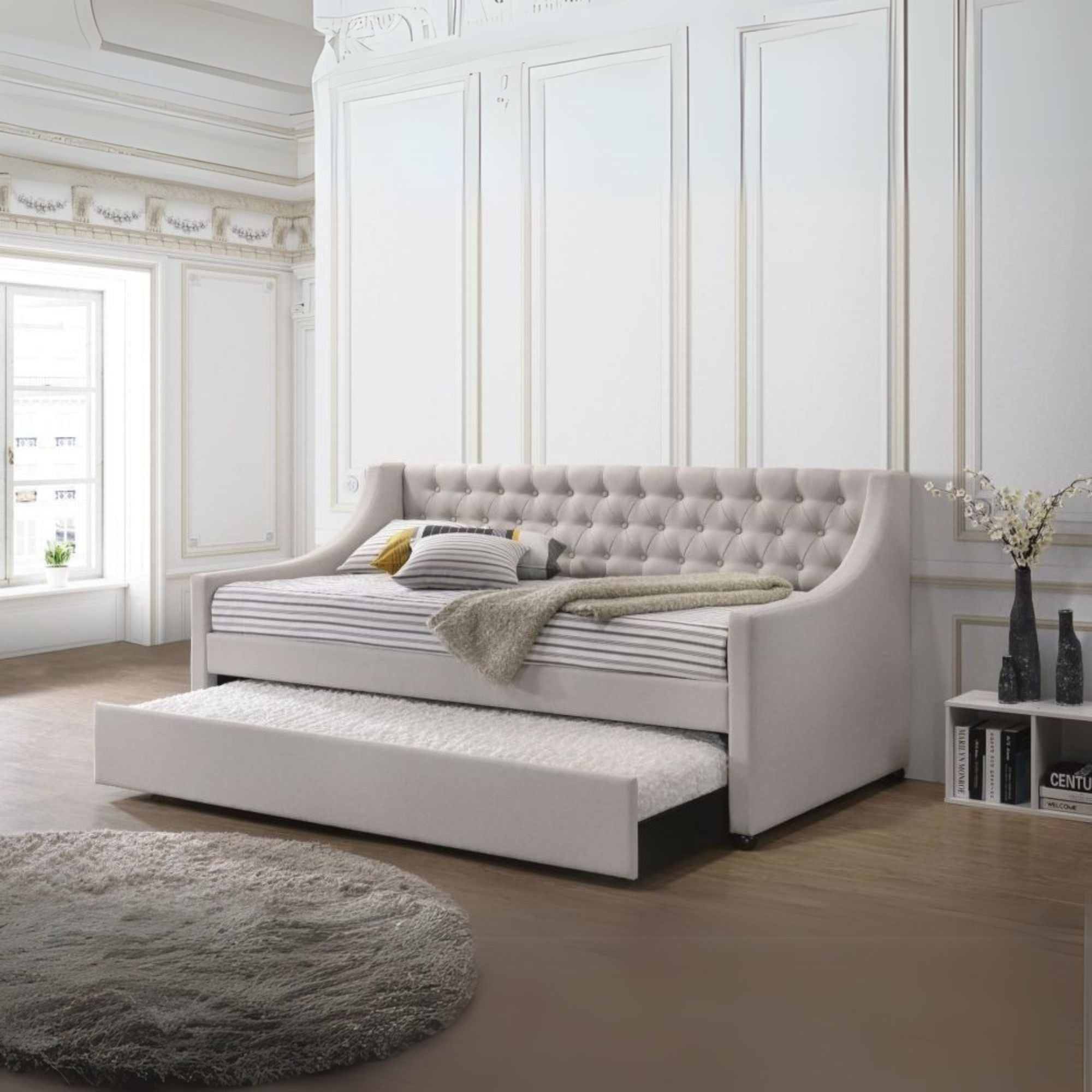 Terry Lianna Twin Fog Fabric Upholstered Daybed with Trundle – Traditional Button-Tufted Space-Saving Design