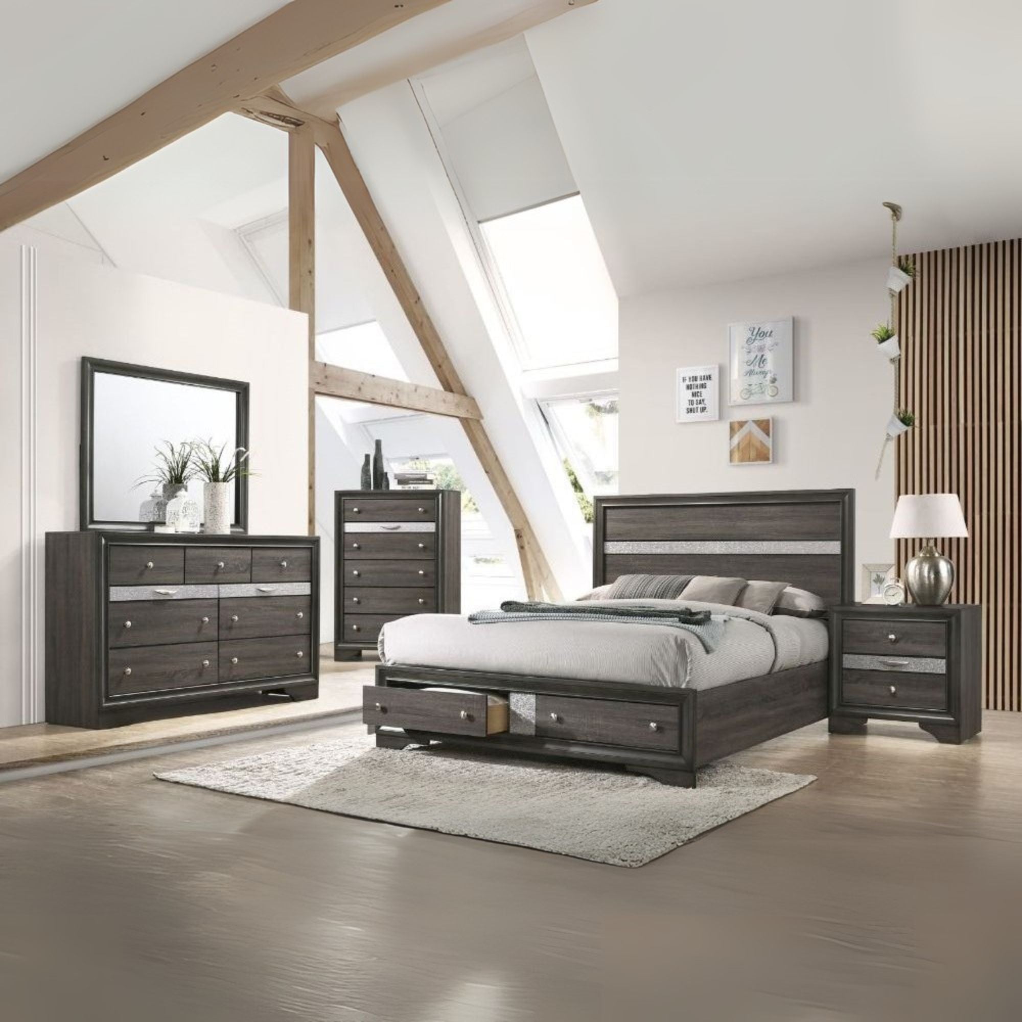 Acrylic Naima Eastern King Gray Wood Bed – Contemporary Panel Design with Storage