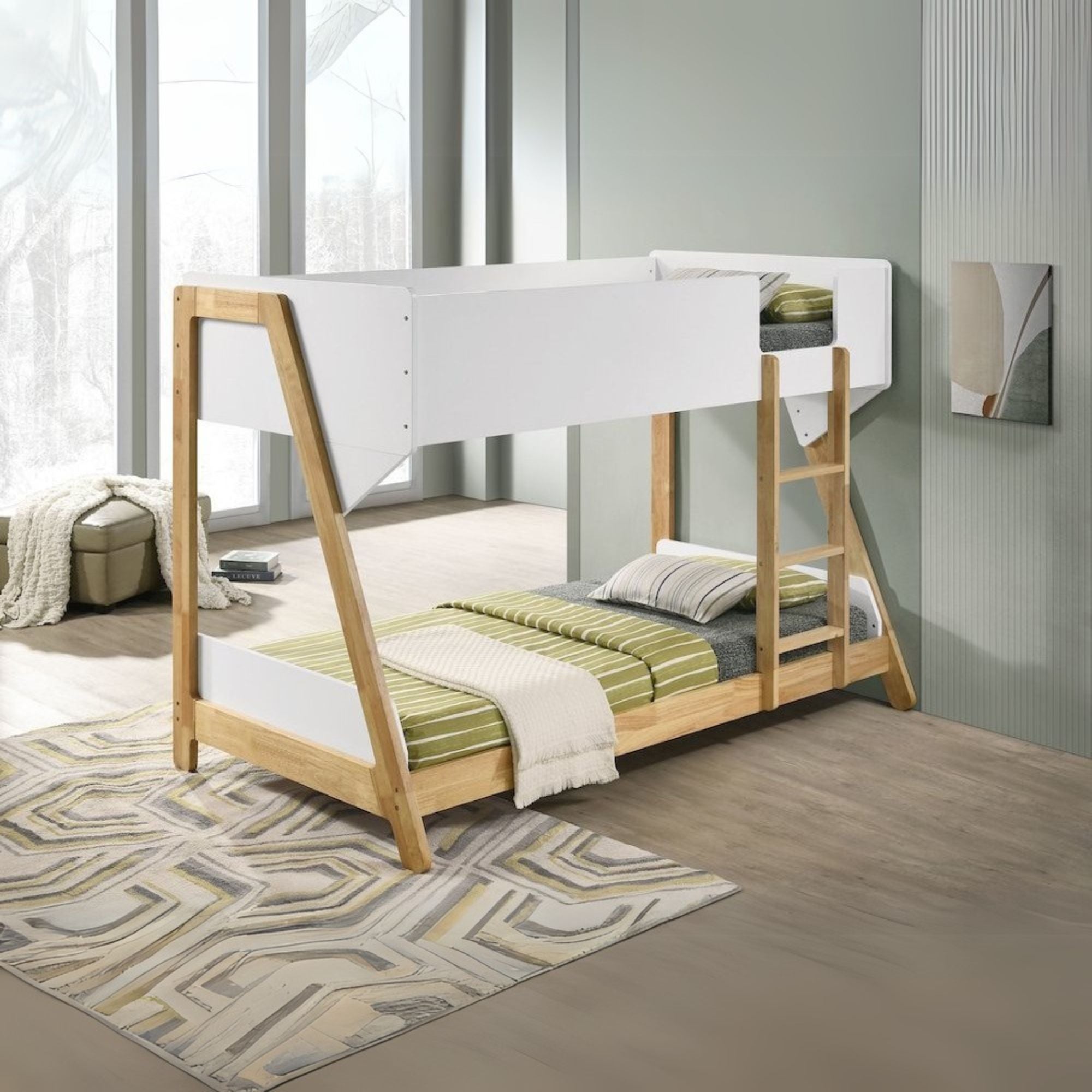 Yinbella Wyatt Wood Twin Over Twin Bunk Bed White and Natural
