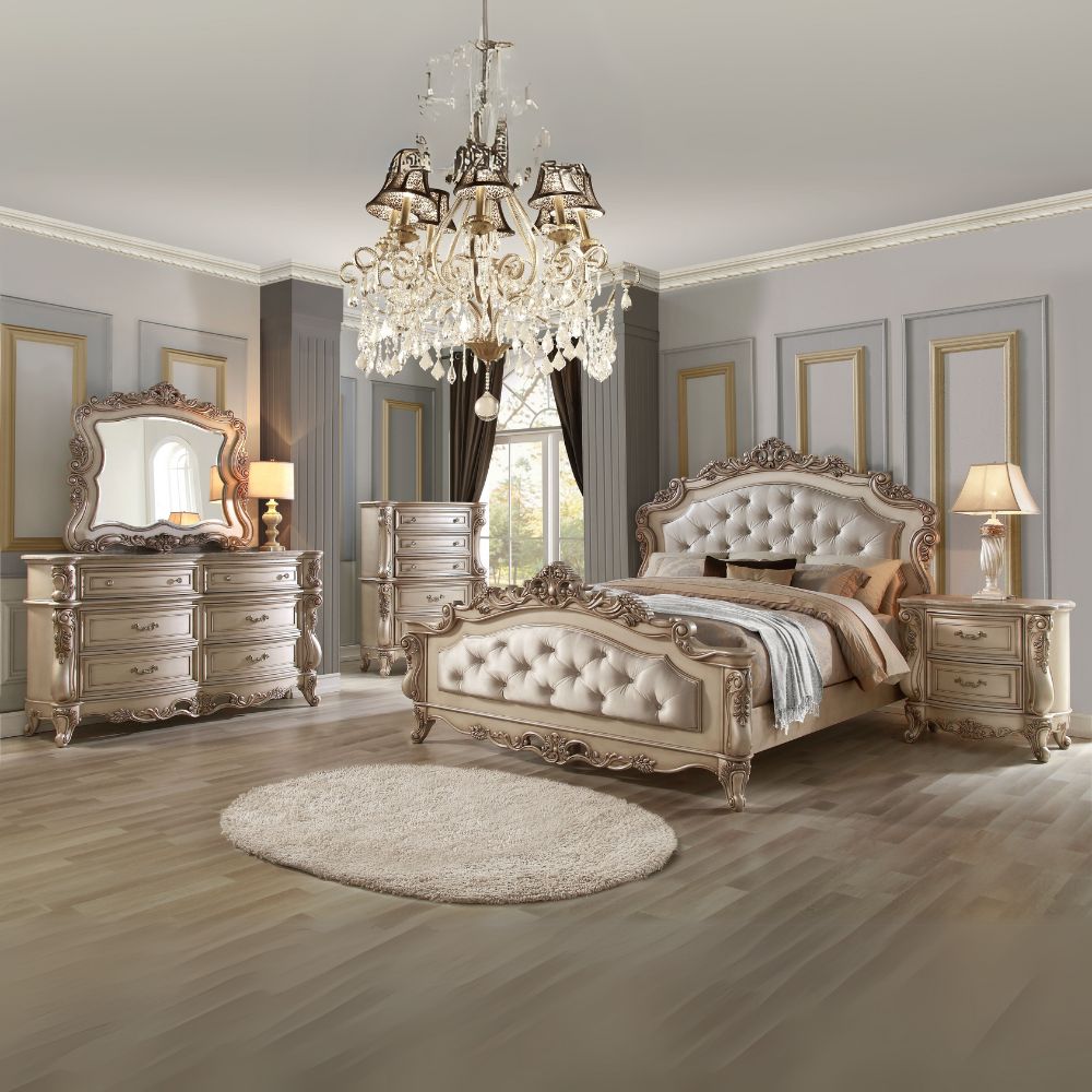 Ivory Gorsedd Eastern King Golden Ivory Fabric Bed – Classic Tufted Upholstered Frame