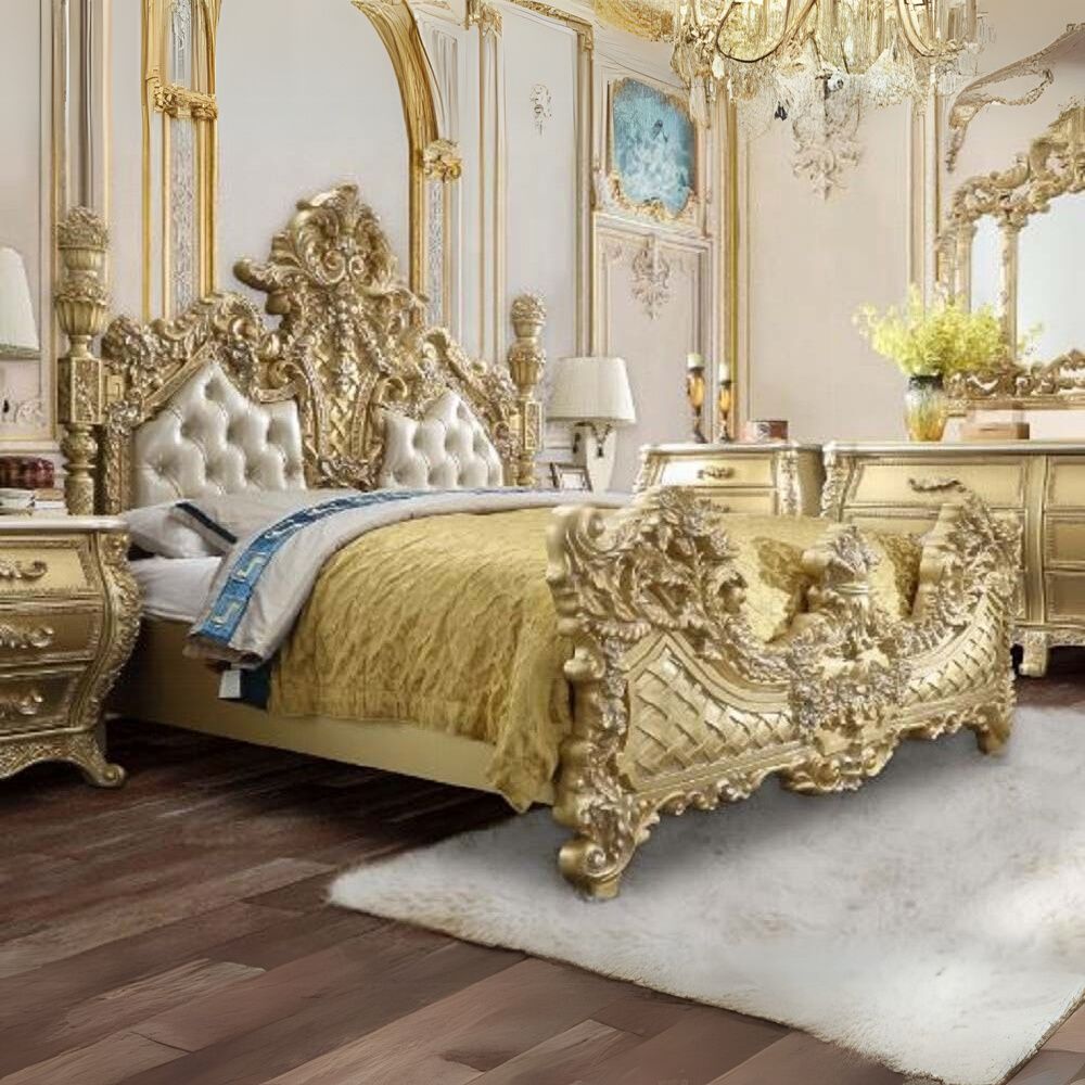 Silvi Cabriole Eastern King Gold Finish Synthetic Leather Bed – Classic Baroque Design with High Headboard