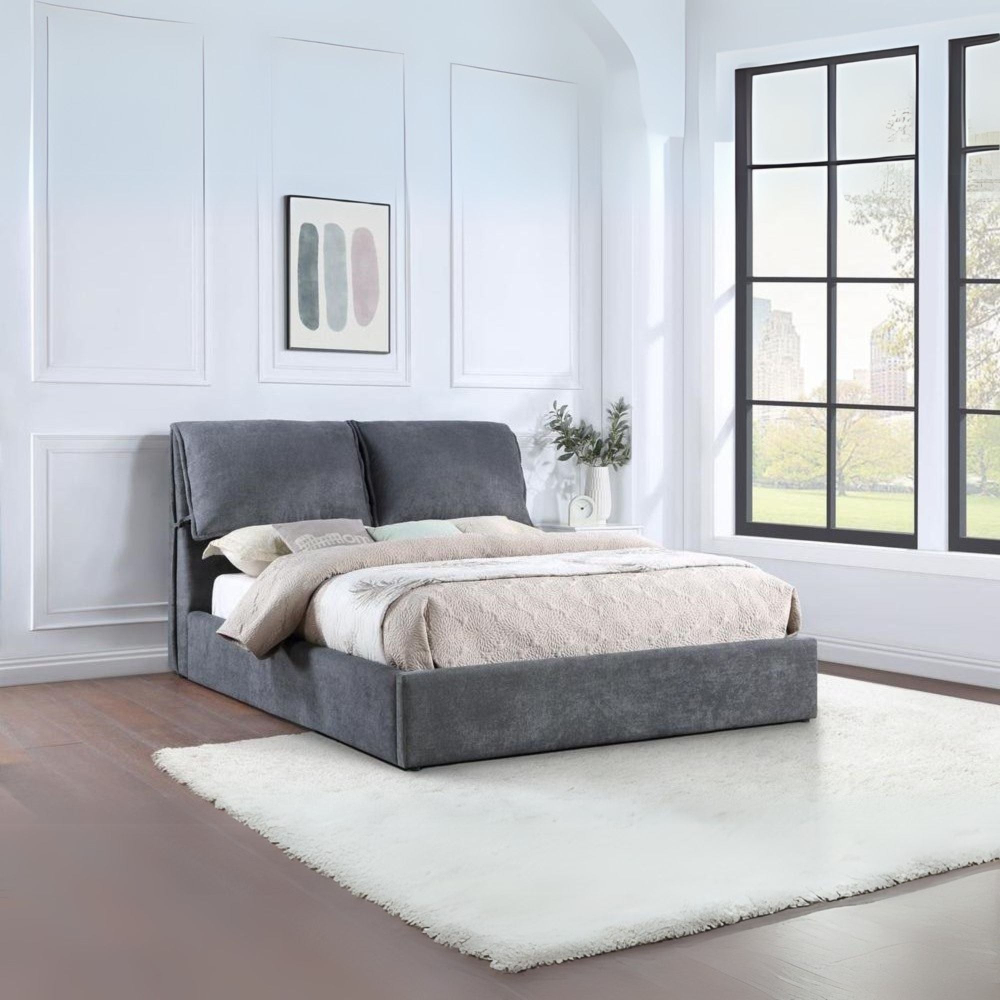 Panda Laurel Eastern King Charcoal Grey Fabric Platform Bed – Contemporary Design with Oversized Pillow Headboard