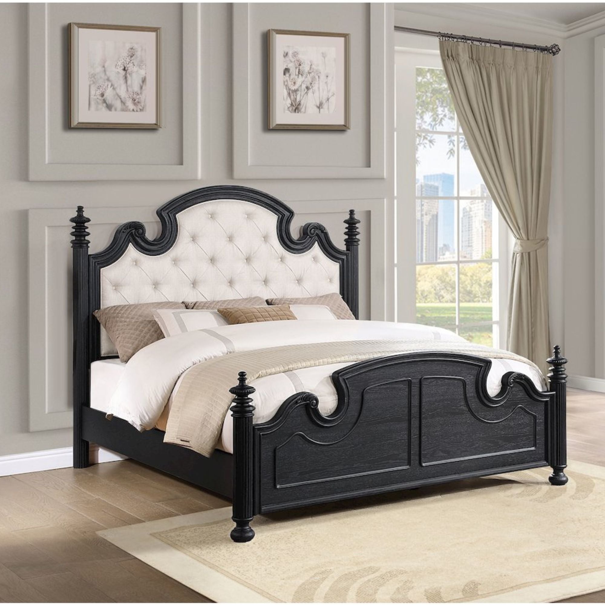 Emeline Celina Eastern King Black Wood Poster Bed – Panel Style Tufted Upholstered Headboard
