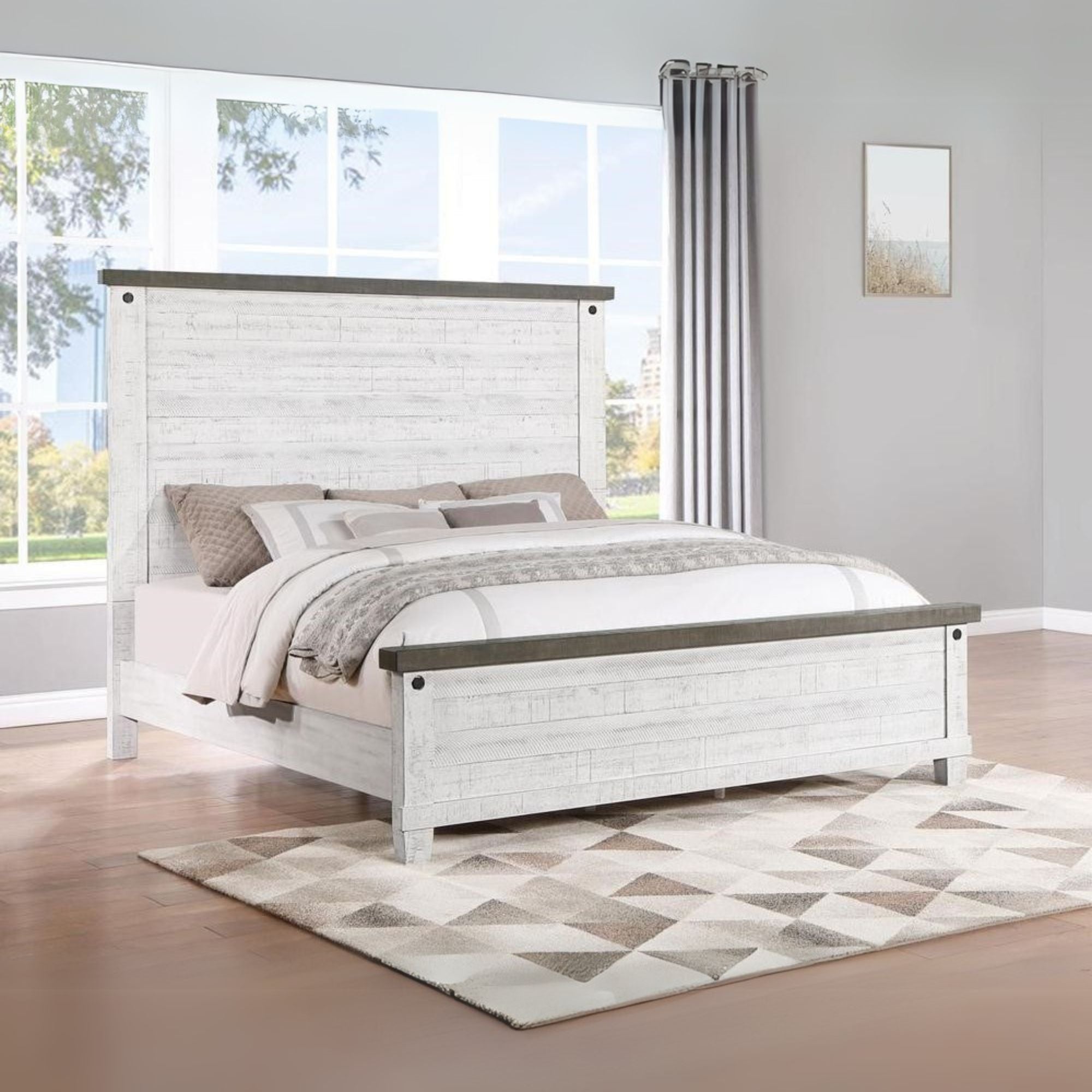 Gabriela Lilith Eastern King Distressed Grey and White Pine Wood Panel Bed – Contemporary Style with Gunmetal Hardware