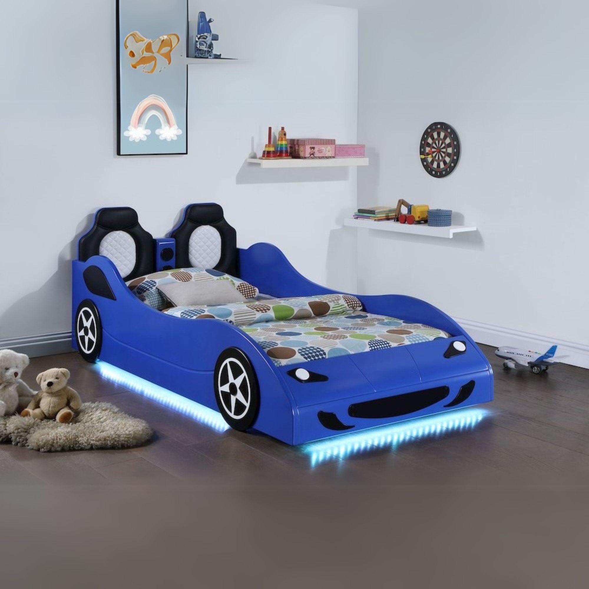 America Cruiser Collection Twin Blue Wood Car Bed – Race Car Platform Bed with LED Lighting