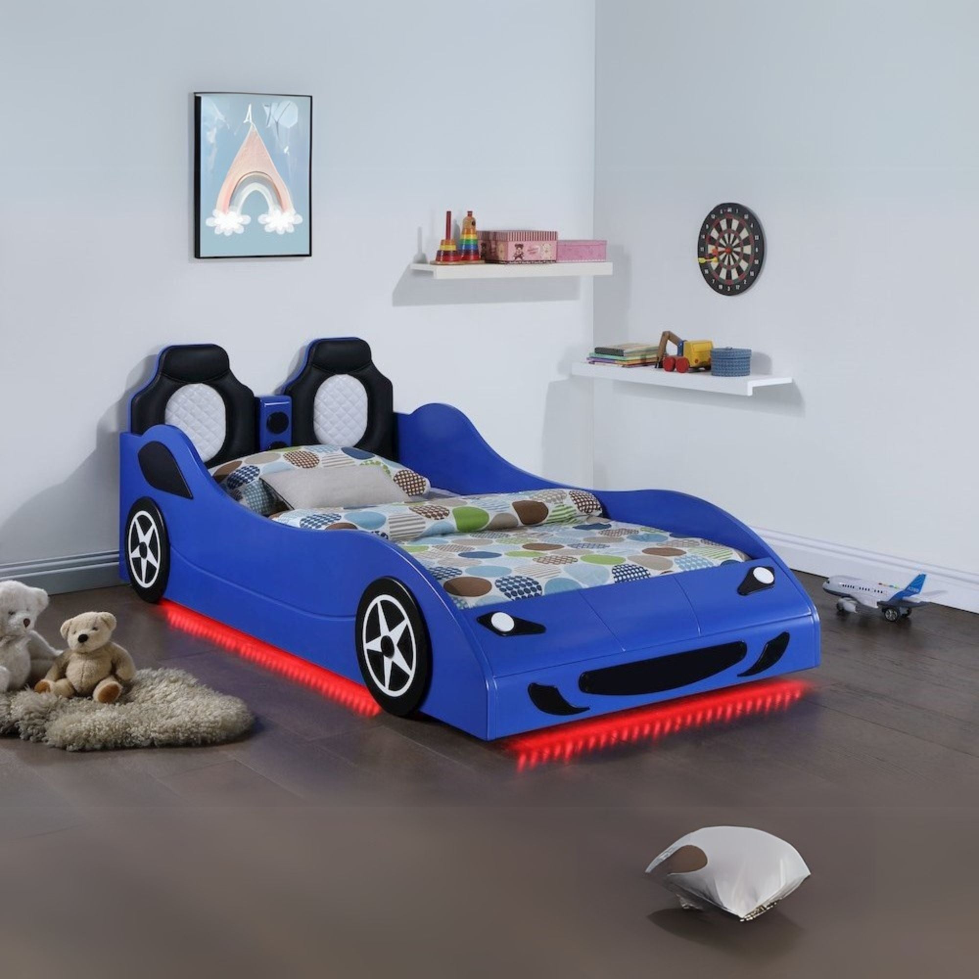 America Cruiser Collection Twin Blue Wood Car Bed – Race Car Platform Bed with LED Lighting