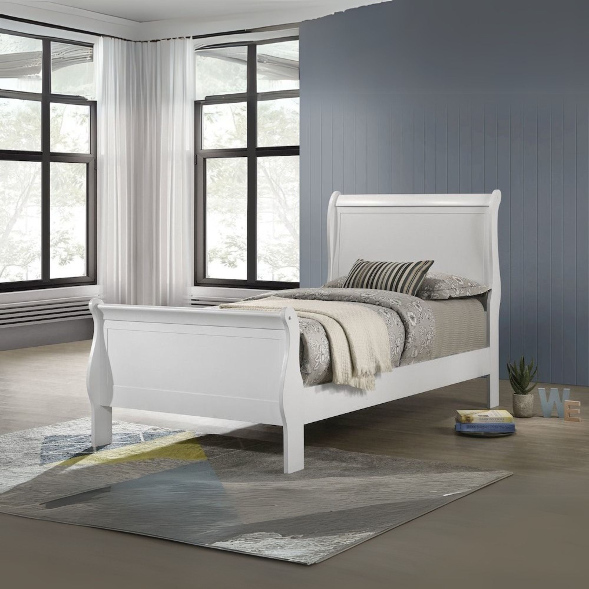 Virat Louis Philippe Twin Sleigh Bed – White Wood Panel Frame Classic Design