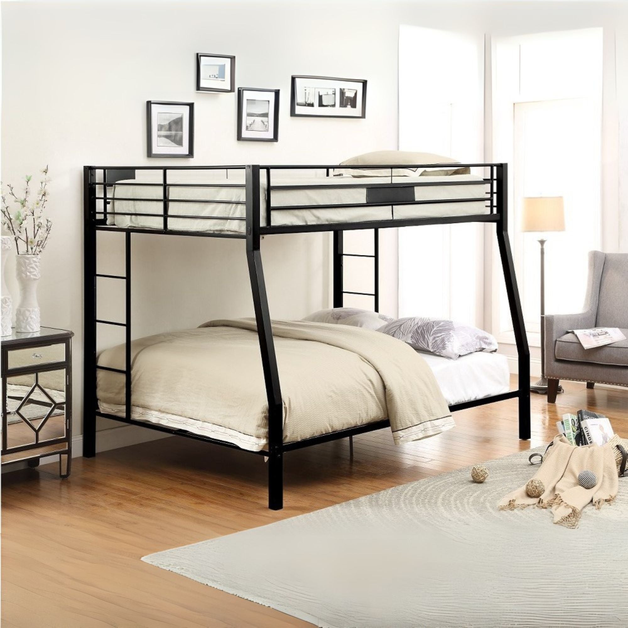 Ava Limbra Full/XL Twin over Queen Sandy Black Metal Bunk Bed – Industrial Space-Saving Design