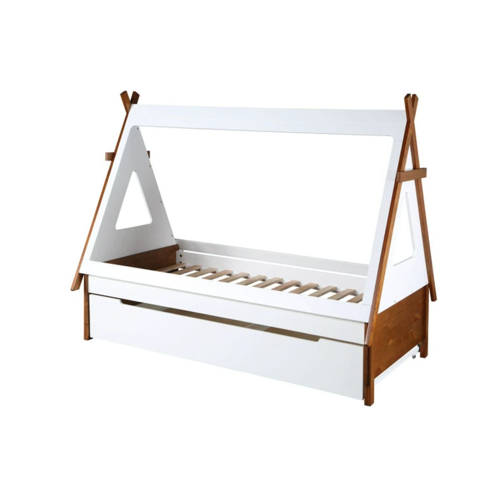 Diya Loreen Twin Two-Tone Oak White Wood Bed – Adventure Tent Style Kids Platform Bed