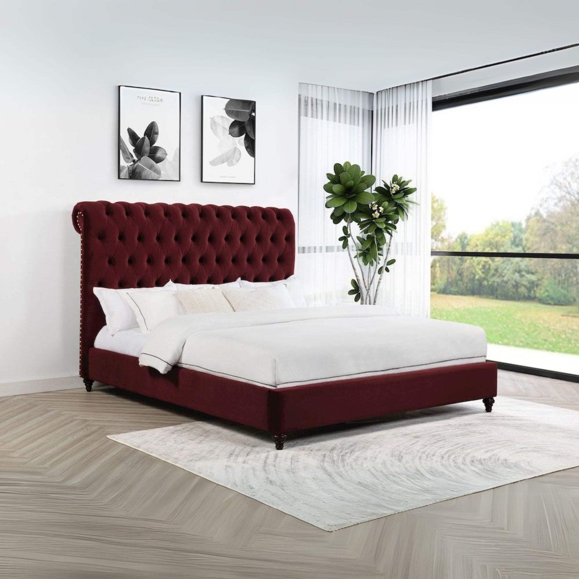 Lucie Devon Eastern King Wine Red Velvet Upholstered Panel Bed – Tufted Headboard & Mid-Century Style