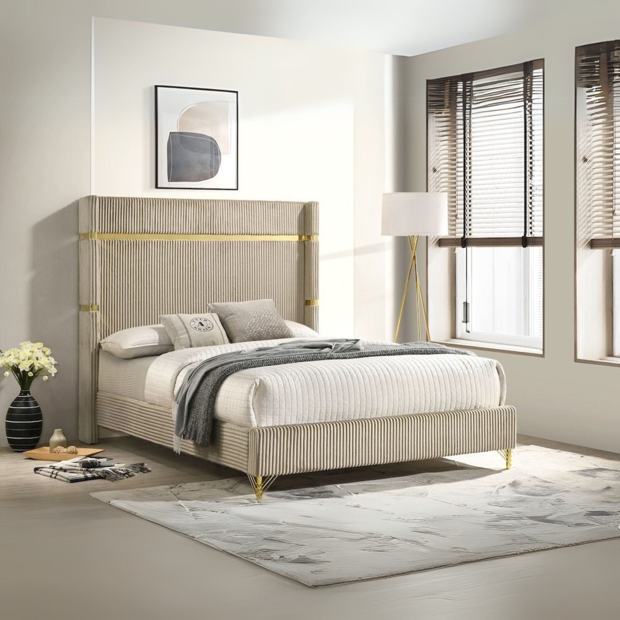 Richard Lucia Collection Queen Beige Velvet Upholstered Wingback Bed – Modern Panel Design with Gold Trim Accents