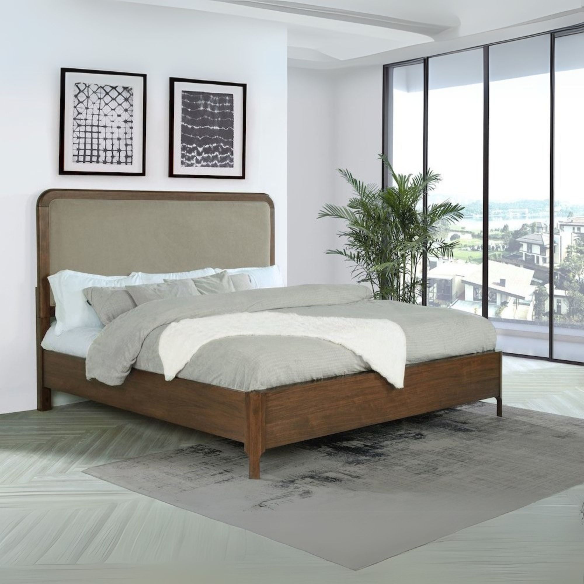 Jony Maderia Eastern King Walnut Veneer Panel Bed – Upholstered Transitional Bed with Low Footboard