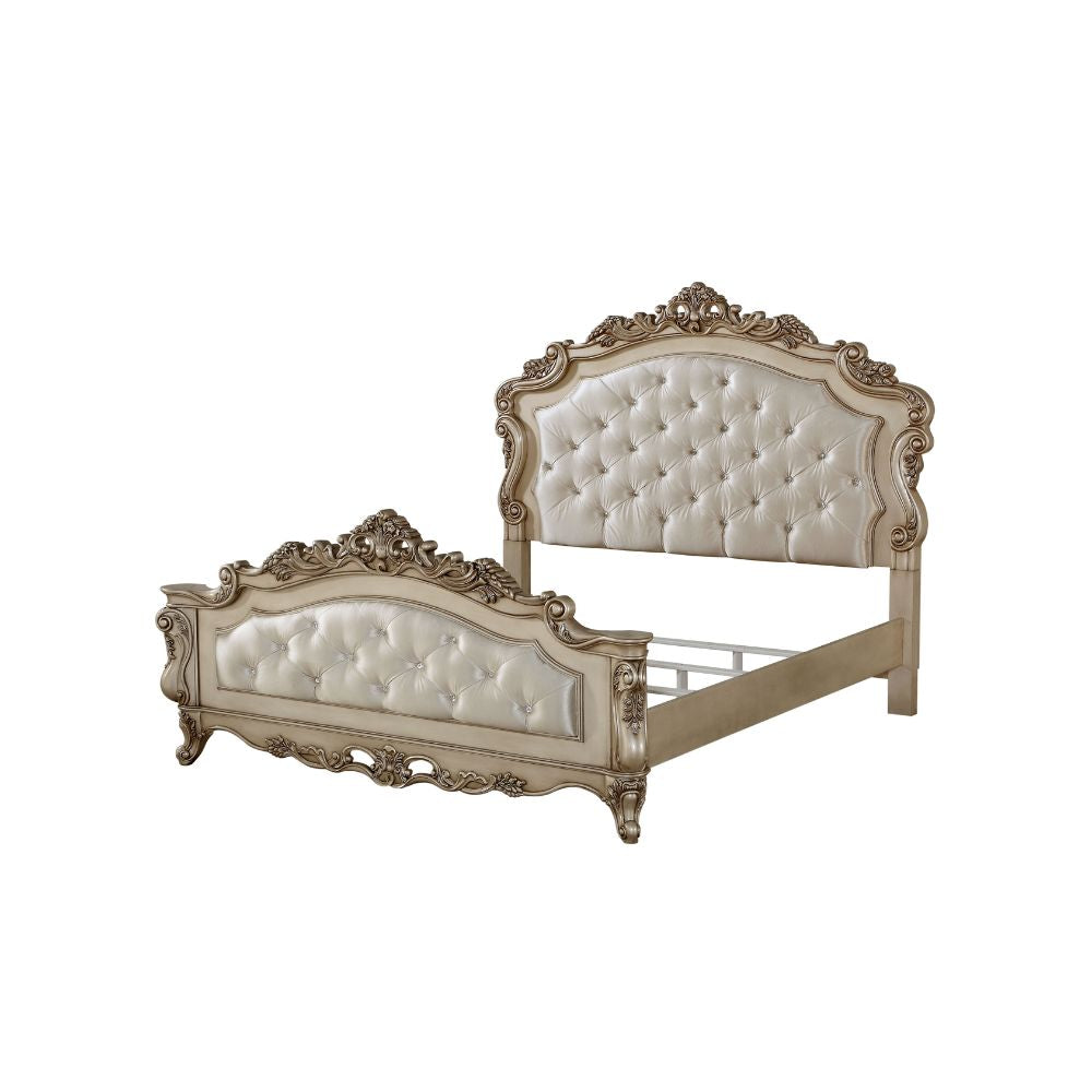 Provincial Gorsedd Queen Fabric Wooden Bed – Traditional Golden Ivory with Decorative Carvings