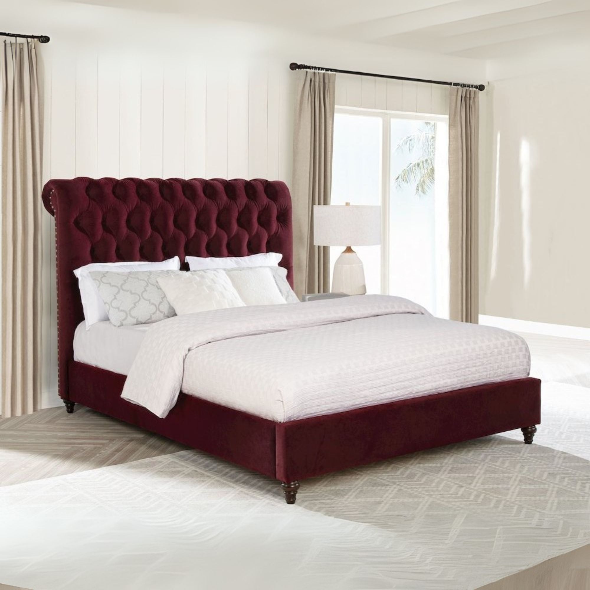 Varian Devon Queen Wine Red Upholstered Panel Bed – Traditional Tufted Headboard with Nailhead Trim
