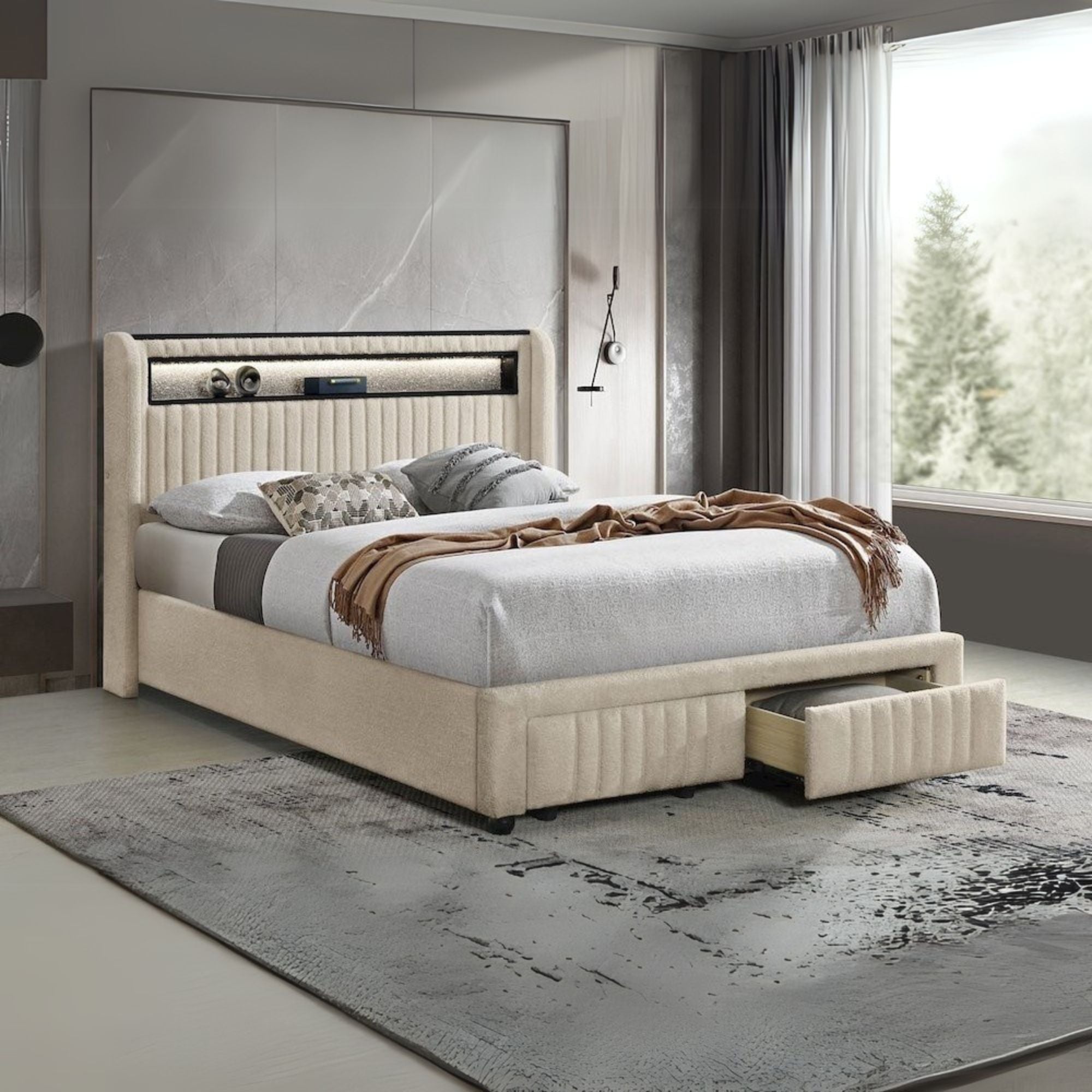 Harleen Madison Full Cream Upholstered Platform Bed – LED Touch Lighting Storage Bed with Winged Headboard