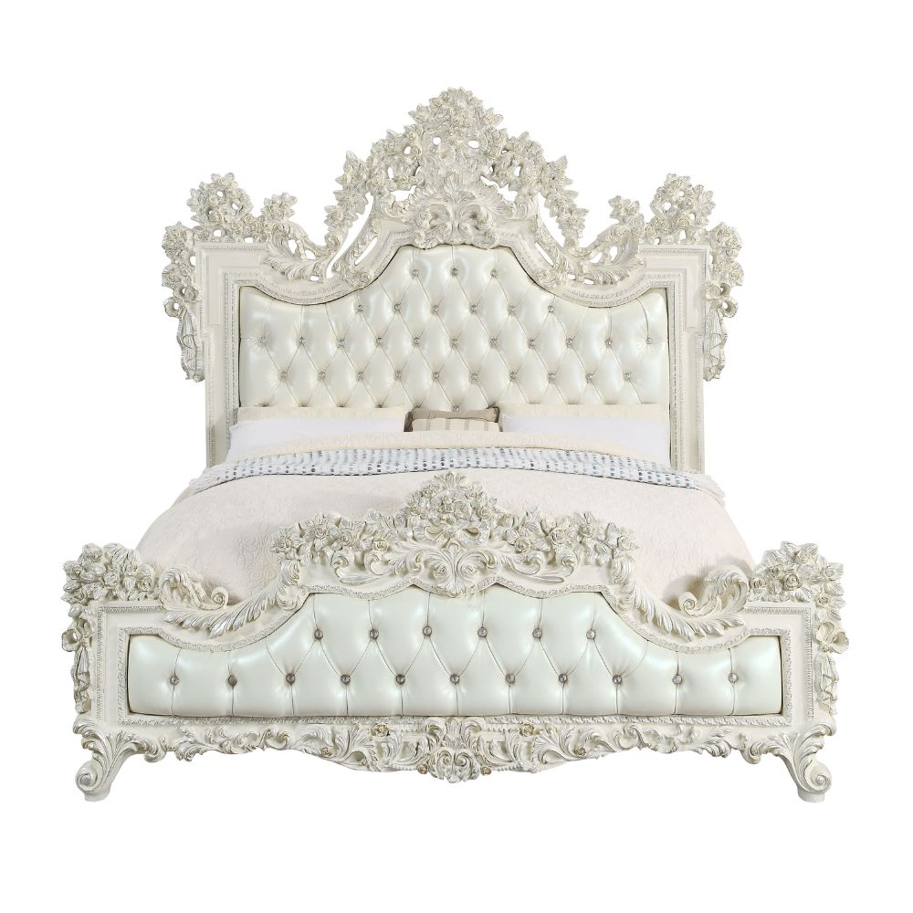 Carter Adara Collection Eastern King Bed Pearl White – Antique White Finish & Tufted Upholstery