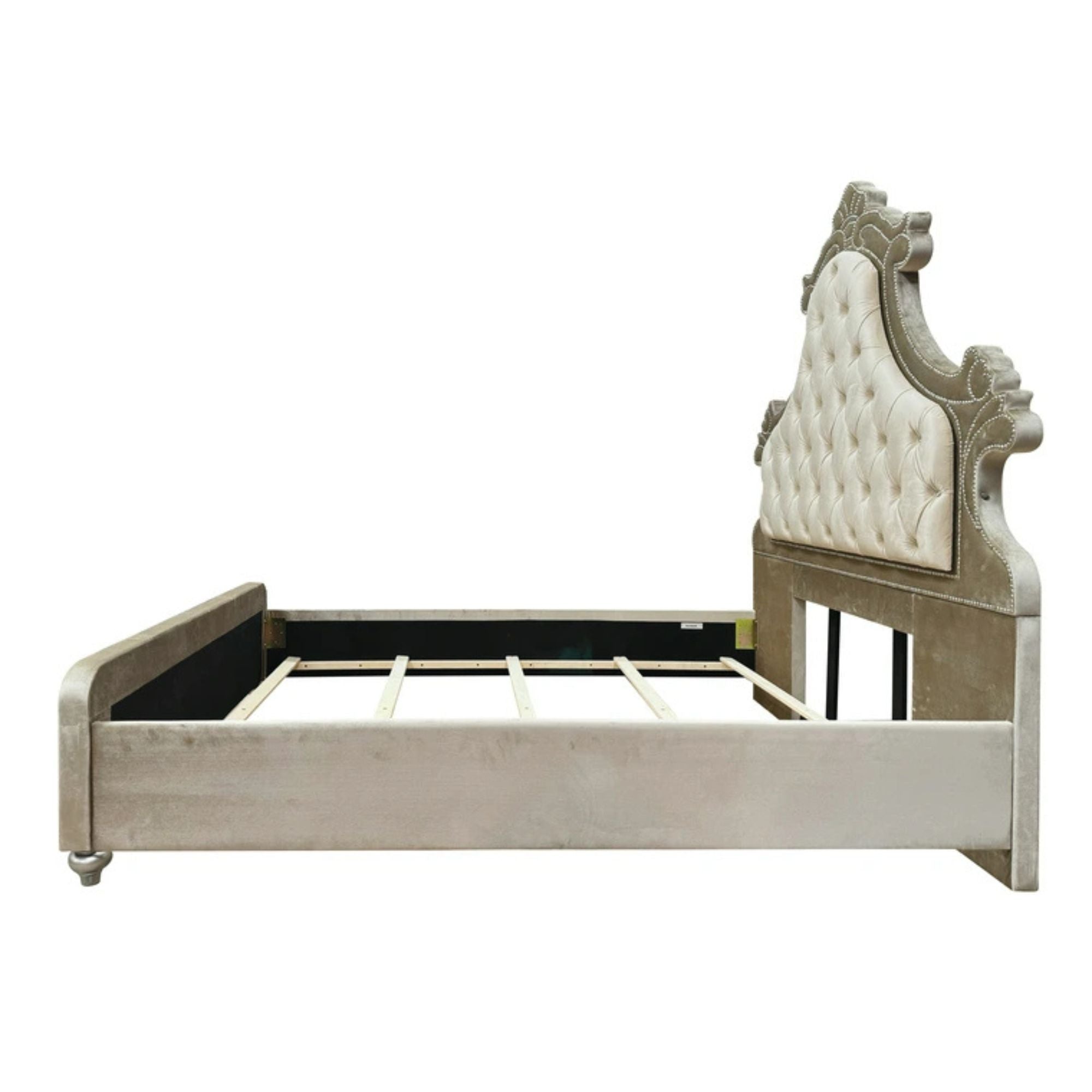 Rosey Lucienne Eastern King Beige Velvet Bedroom Bed – Modern LED Headboard with Chrome Accents