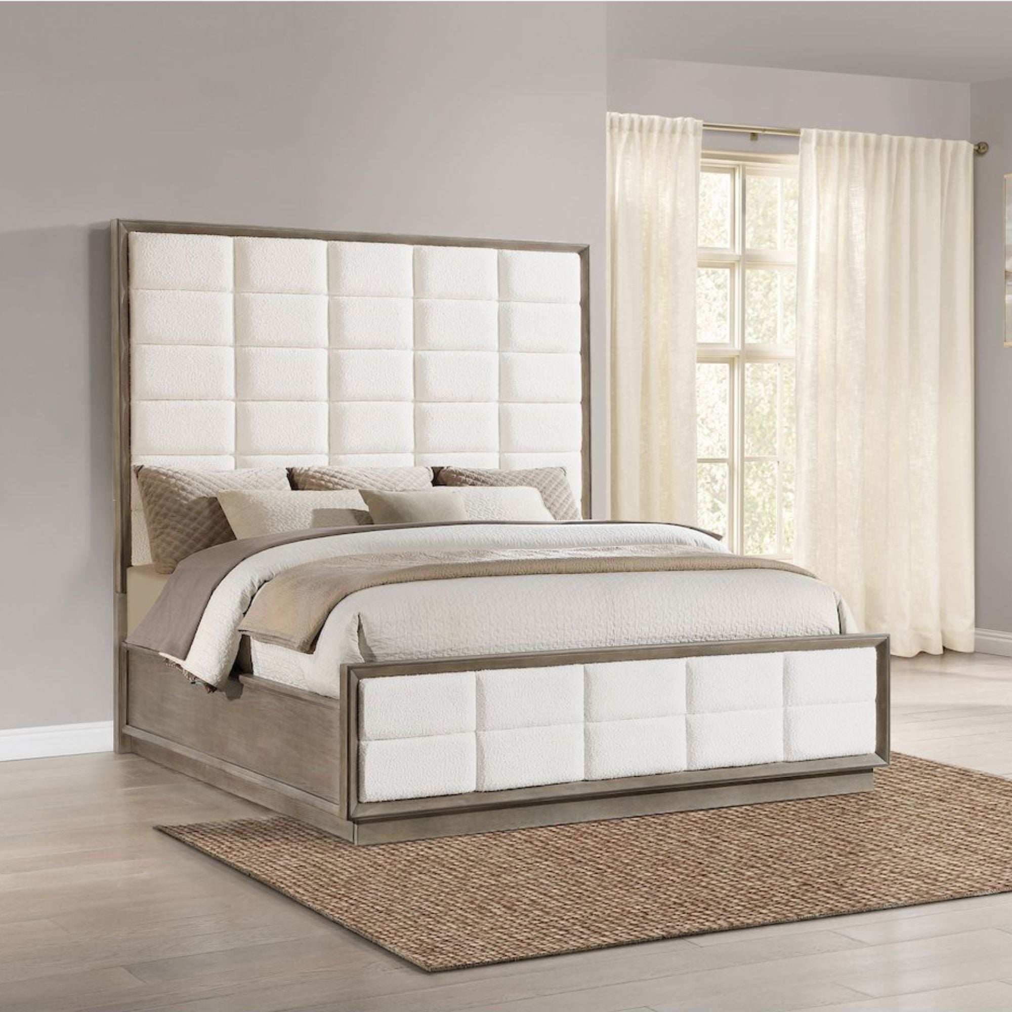 Seraphin Durango California King Washed Oak Wood Panel Bed – Modern Upholstered Extra-Tall Headboard