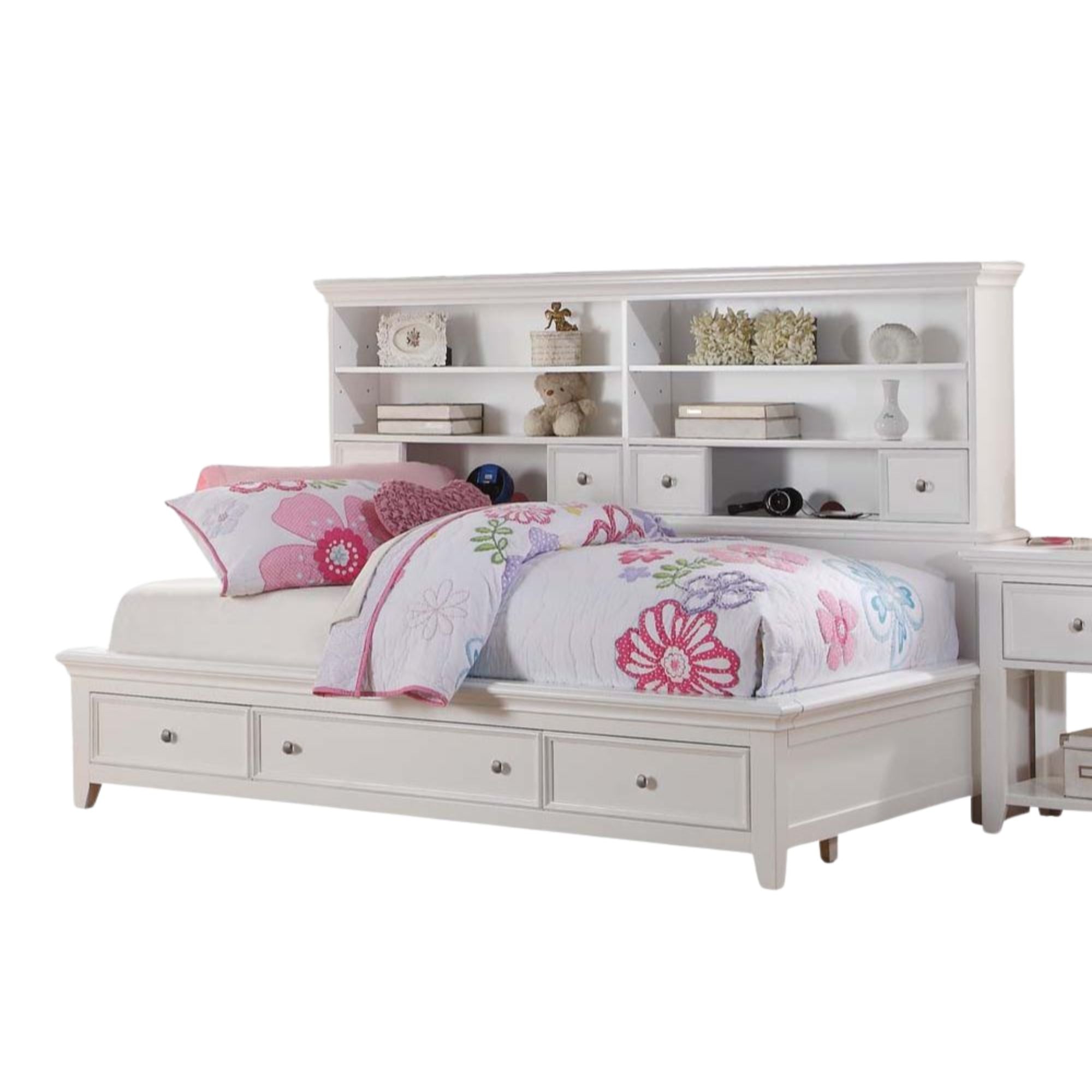 Timothy Lacey Twin White Contemporary Storage Daybed – Wood Frame with Built-in Drawers & Bookcase