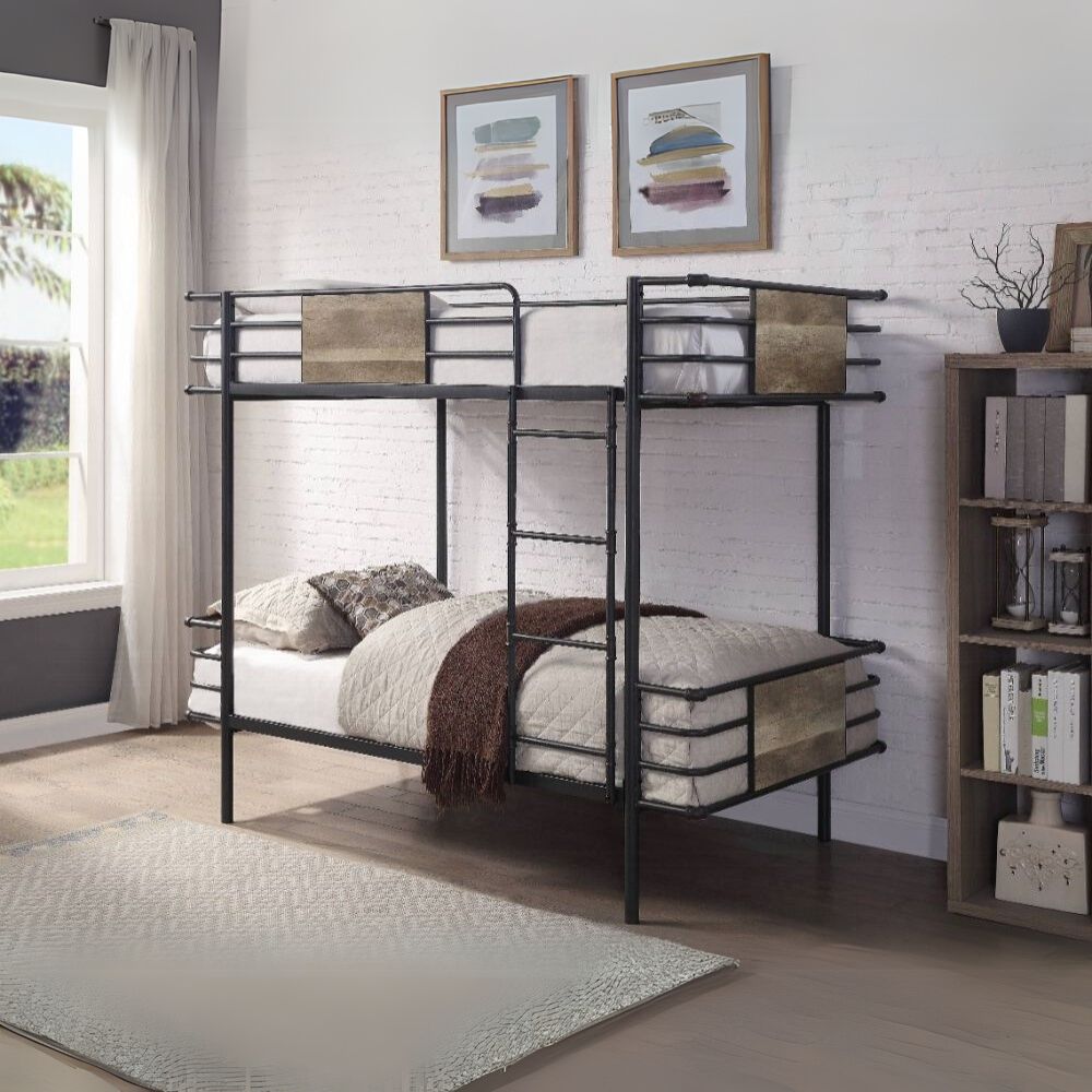Asher Deliz Twin/Twin Gunmetal Metal Bunk Bed – Industrial Style with Ladder & Safety Rails