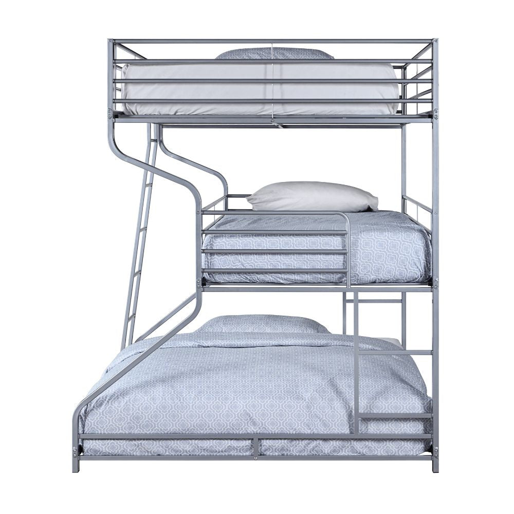 Caius II Full/Twin/Queen Silver Metal Bunk Bed – Triple-Layer Industrial Frame