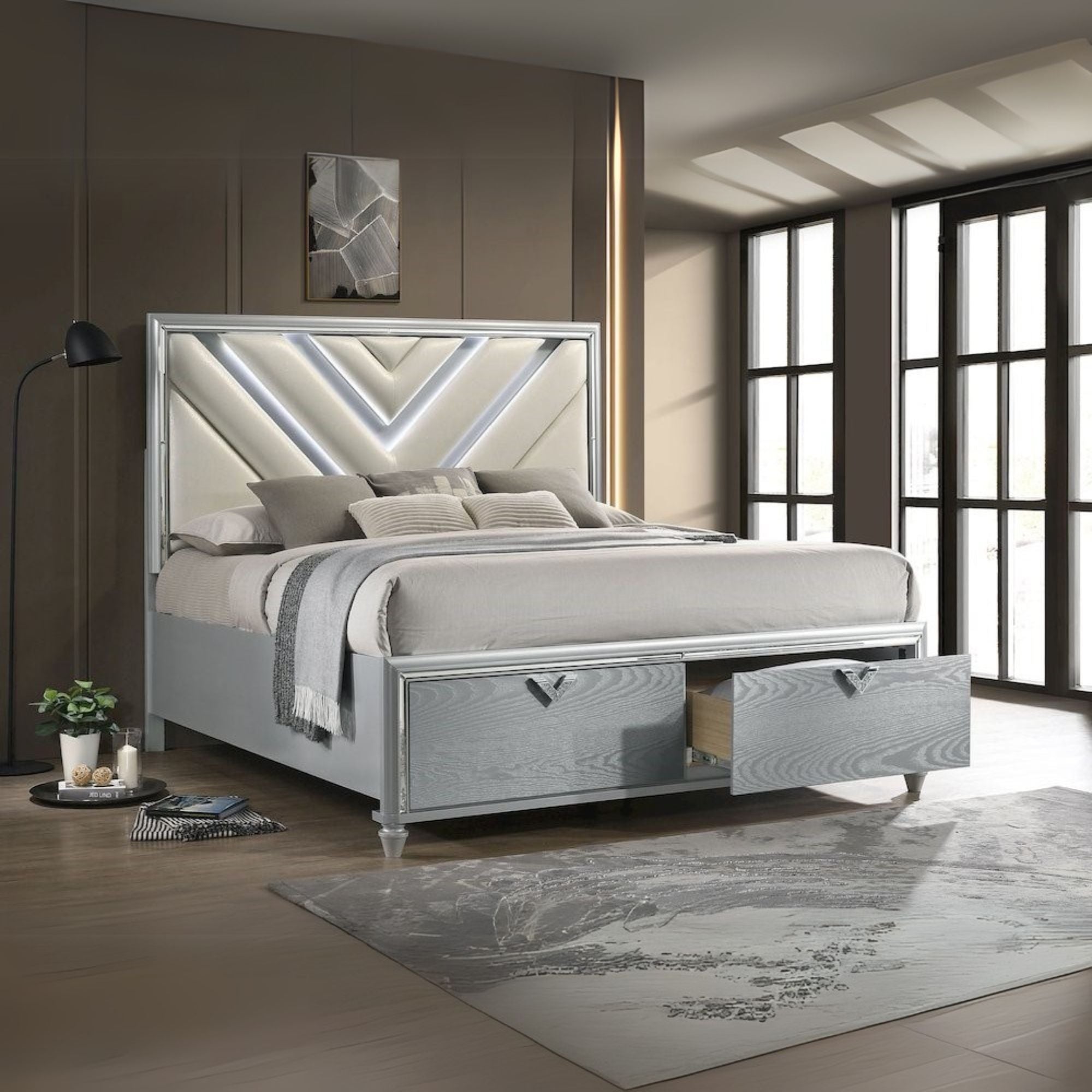 Sahar Veronica Collection Queen Light Silver Wood LED Storage Panel Bed – Contemporary Chevron Upholstered Headboard with Drawers