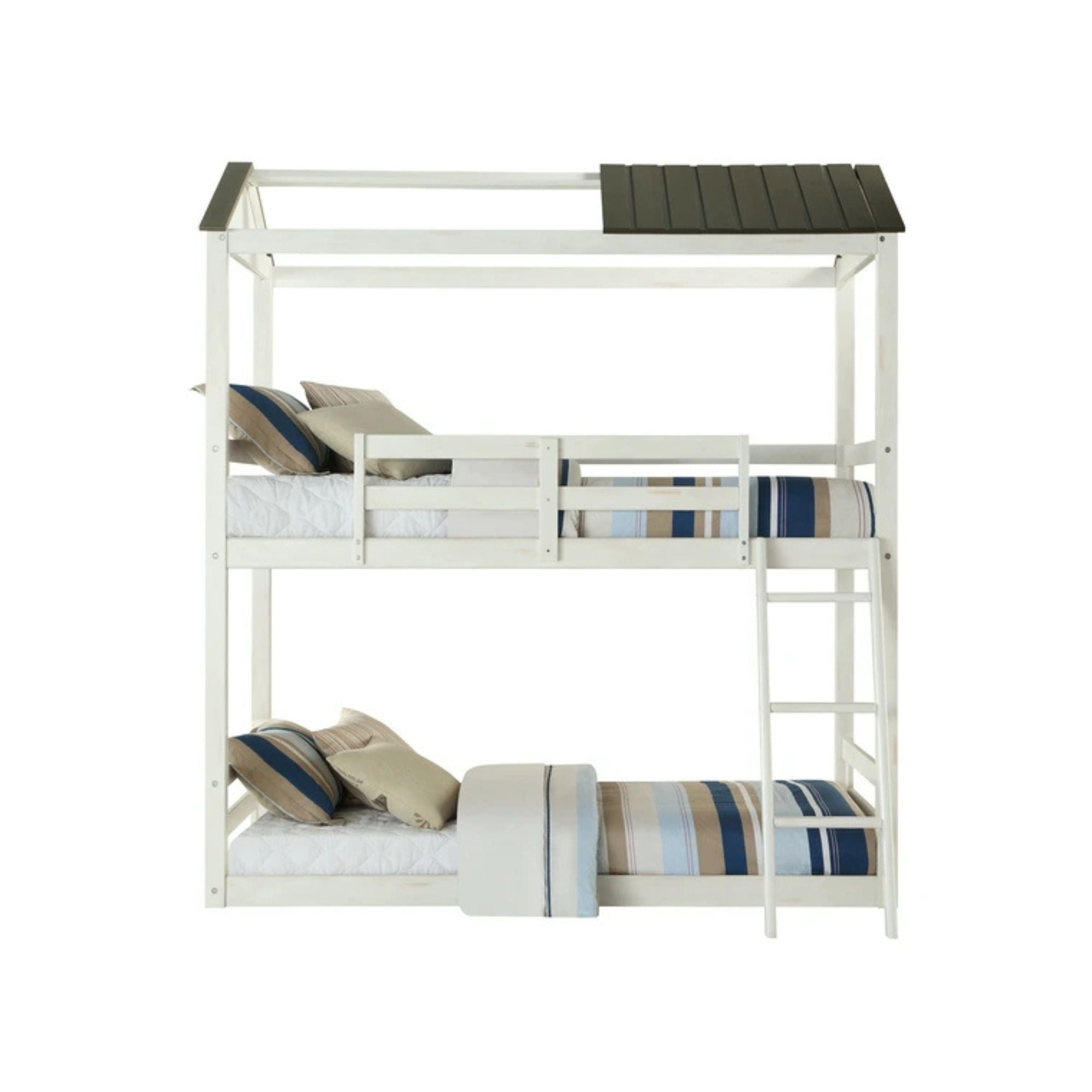Yash Nadine White Wood Twin Bunk Bed Cottage Inspired with Safety Ladder