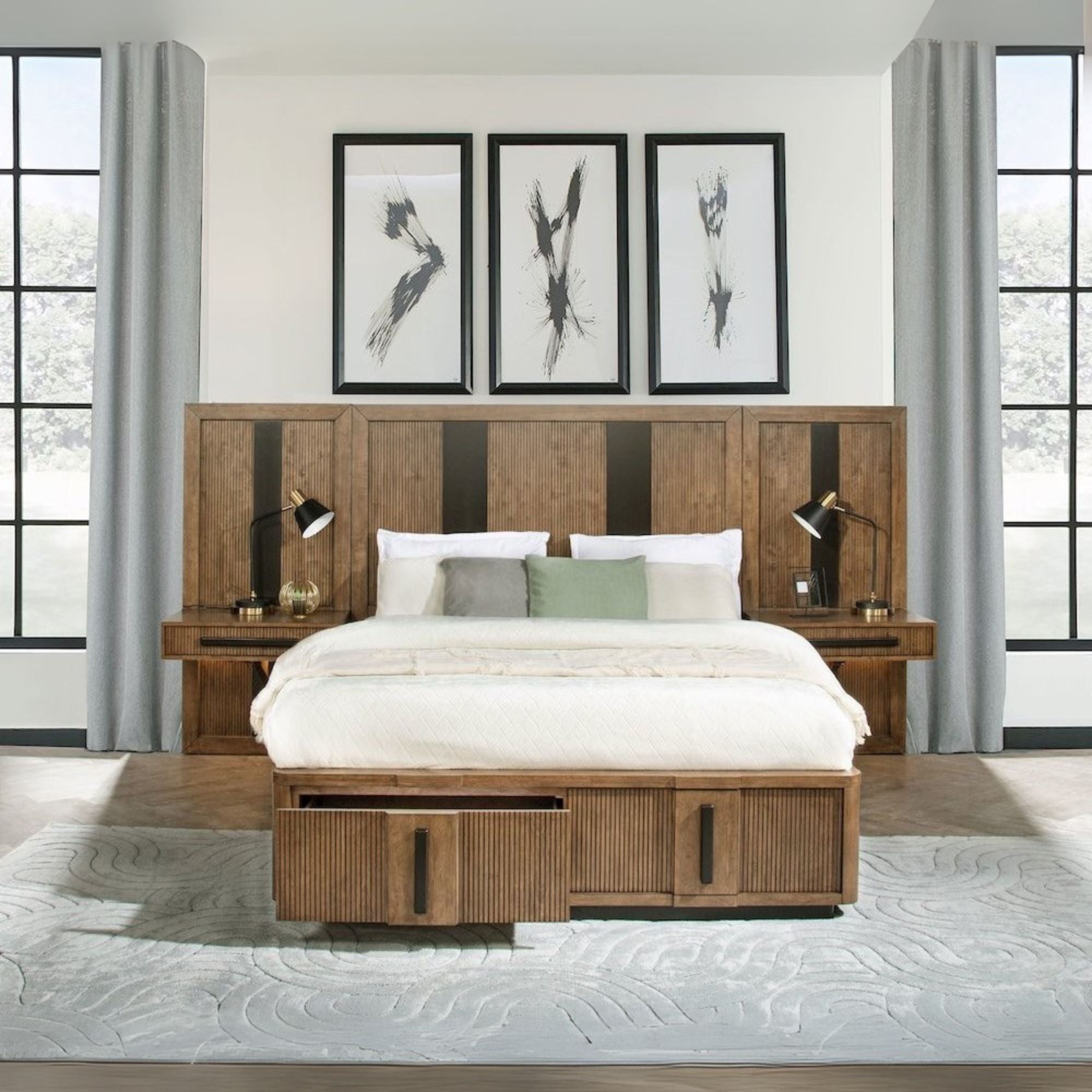 Henry Terrace Eastern King Ash Brown Modern Storage Bed – Wall Panel Headboard with Attached Nightstands